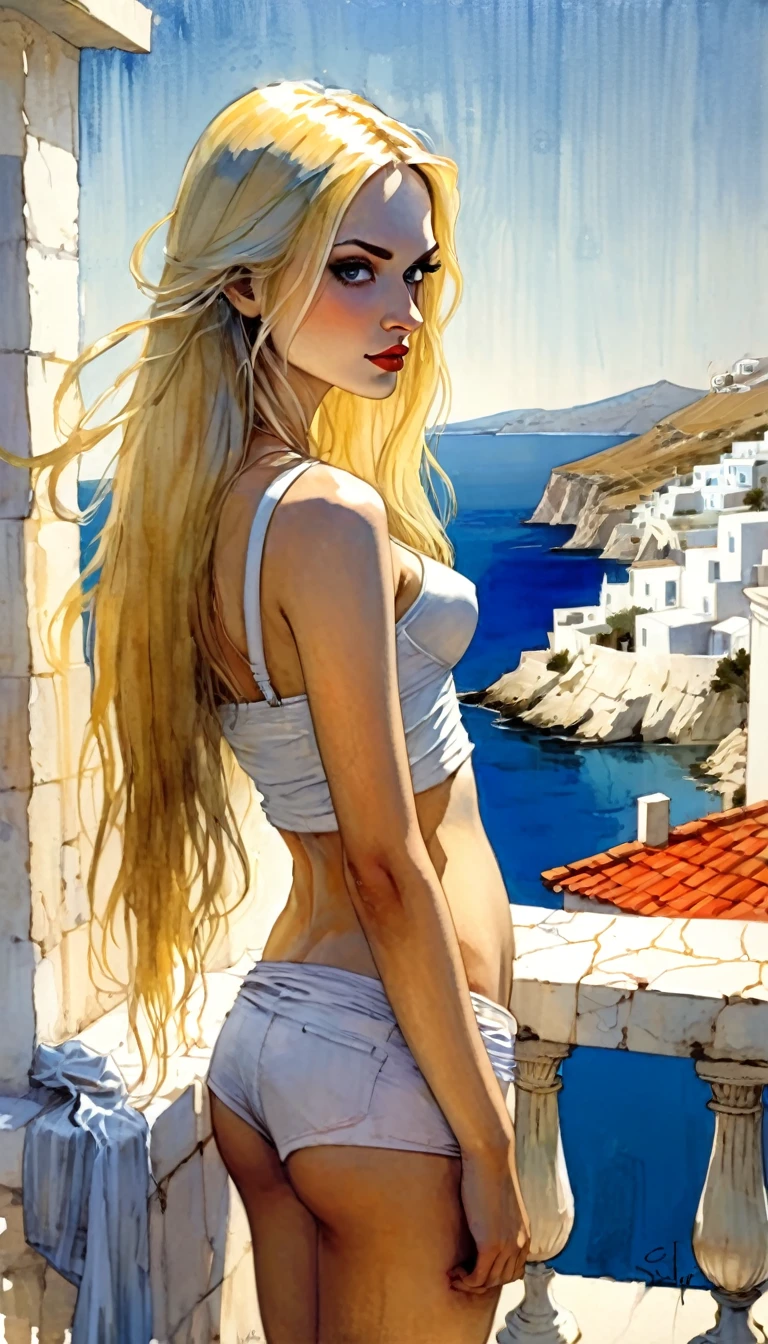 surrealism, very y girl, long blonde hair, very small bren a terrace with a beautiful view of a typical Greek village with sea, tmari, sketch, traditional media, pen drawing, white background (art inspired by Bill Sienkiewicz) . oil painting)