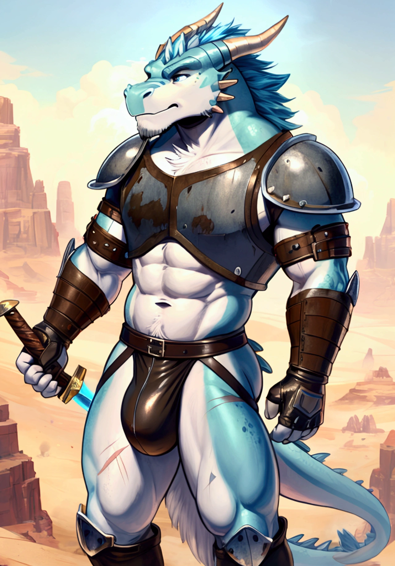 Solo Sexy young anthro scalie dragon male mercenary medieval solider, slim endomorph muscular, anthro handsome gay shorter muzzle, handsome gay muscular brutal bastard dragon, sword scars, worn out leather skimpy armament, heavy worn out studded low on hips heavy leather belt, old very worn out skimpy dirty white linen white material jockstrap, old yellow dirty worn out stains on white sawn white white jockstrap, very visible "x" brown seam pattern on the jockstrap, heavy studded skimpy armlets breastplate armor, skimpy breastplate,, leather bondages, fingerless leather gloves, smelly unwashed husk, dirty body look, desert battlefield, standing in sexy fighting position, close view of full character