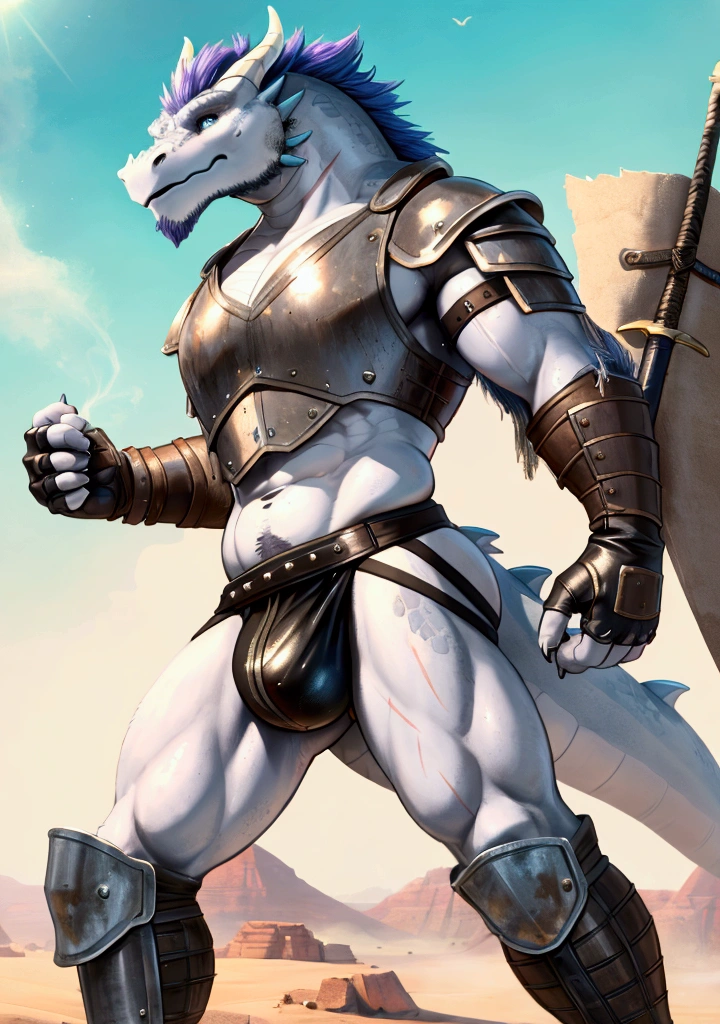 Solo Sexy young anthro scalie dragon male mercenary medieval solider, slim endomorph muscular, anthro handsome gay shorter muzzle, handsome gay muscular brutal bastard dragon, sword scars, worn out leather skimpy armament, heavy worn out studded low on hips heavy leather belt, old very worn out skimpy dirty white linen white material jockstrap, old yellow dirty worn out stains on white sawn white white jockstrap, very visible "x" brown seam pattern on the jockstrap, heavy studded skimpy armlets breastplate armor, skimpy breastplate,, leather bondages, fingerless leather gloves, smelly unwashed husk, dirty body look, desert battlefield, standing in sexy fighting position, close view of full character