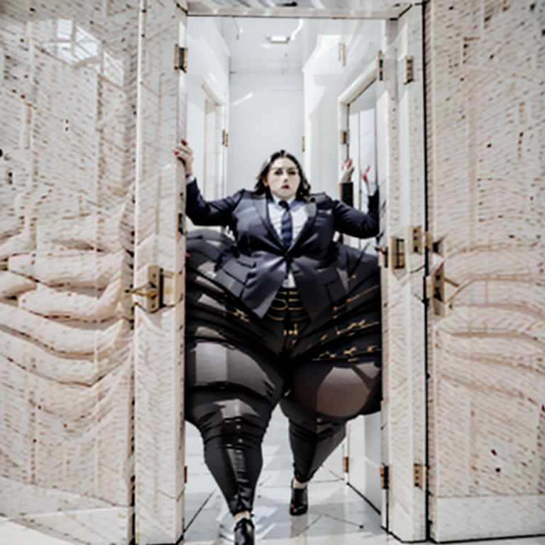 masterpiece, 1girl tall, fat, bottom heavy ssbbw british, 30 year old, behind a doorway, from behind, (doorstuck, stuckback:1.3), big belly, huge wide hips, massive butt, thick thighs, colorful clothing, wearing a red suit and tie and formal pants, upset, she tries to wiggle her big body through the door, but the door is too small and she is stuck tight, she kicks and swings her legs back and forth in a panic, she is way too big and round to fit through,, she looks behind at the viewer politely asking for some help as she tries to pull herself out with all her might, she swings her hips desperately