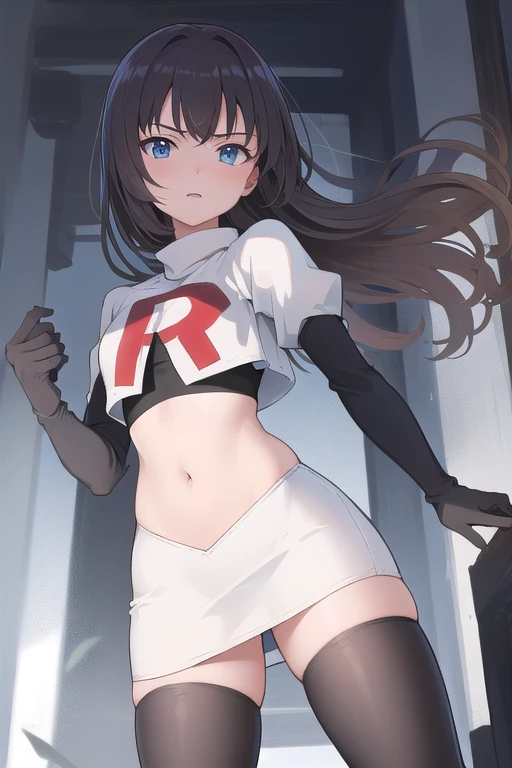masterpiece, best quality, absurdres, perfect antomy, 1girl, solo, Itsumi Erika, bangs, team rocket,team rocket uniform,white skirt,red letter R,crop top,black thigh-highs,black elbow gloves