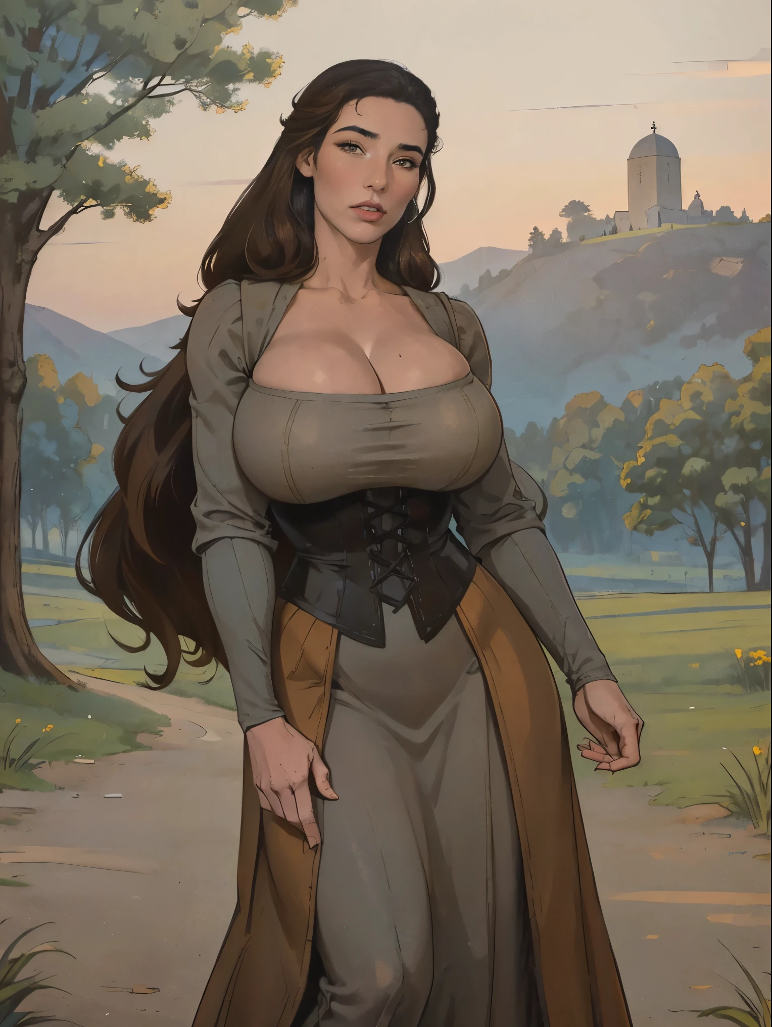 Gorgeous and sultry busty athletic (thin, skinny, slender, petite) brunette peasant with sharp facial features wearing a modest updo, medieval hair cover, rough-spun grey and brown medieval dress, long sleeves, wide neck, long dress, tight bodice, corset, Middle Ages, cottage, farm, exterior, trees, countryside, evening, sunset.