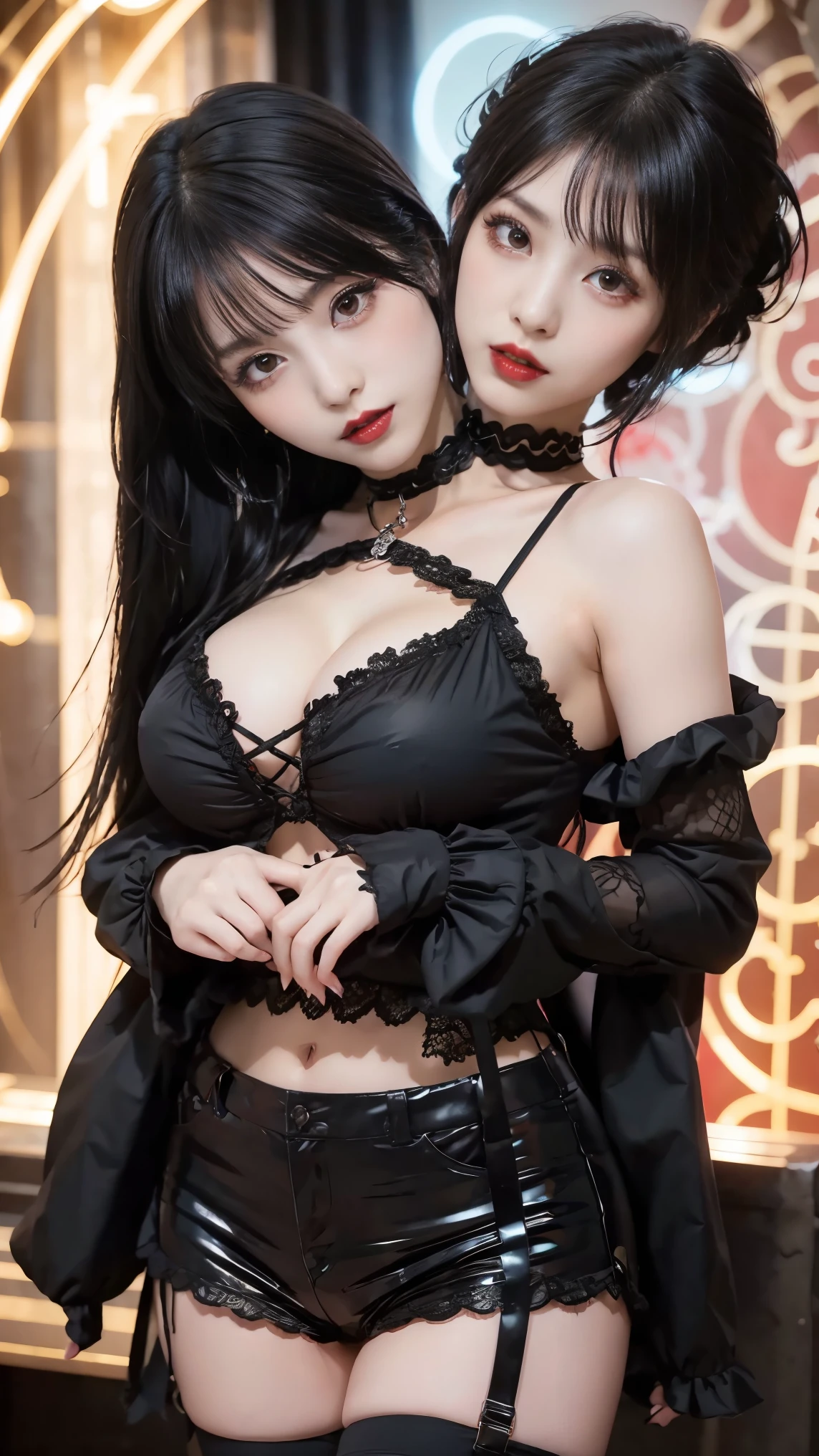 Vampire idol in gothic punk style..、big and full breasts、beautiful foot、、、Good style、、、Gothic punk black and red ta fashion.(、a miniskirt)、、、Black hair with red mesh..、absolutely、cool expression、Illuminated by a red spotlight, united_dicephalus, (Two heads:1.2), whole body, posing, hand signals