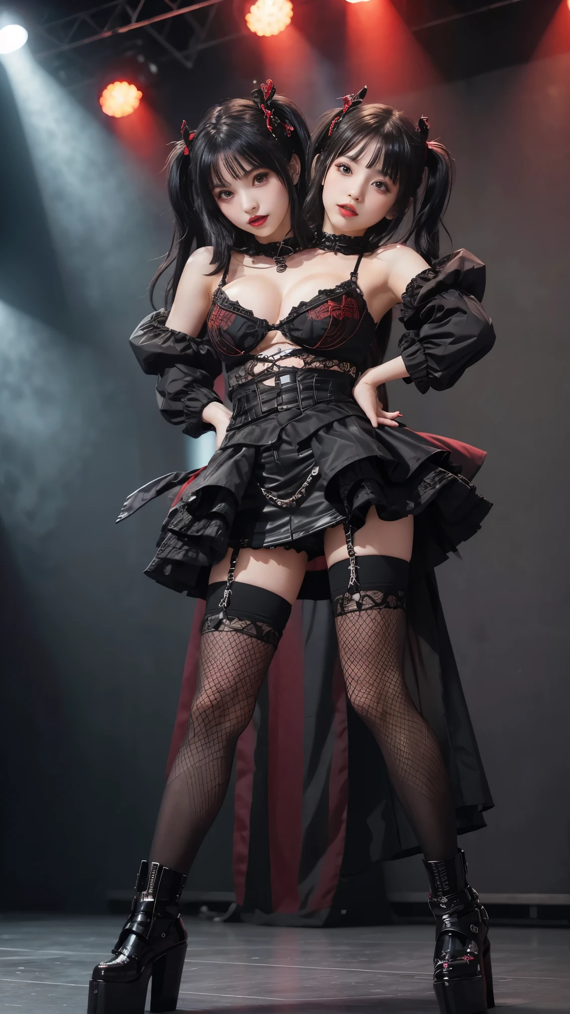 Vampire idol in gothic punk style..、big and full breasts、beautiful foot、、、Good style、、、Gothic punk black and red lolita fashion.（、a miniskirt）、、、Black hair with red mesh..、absolutely、cool expression、Illuminated by a red spotlight, united_dicephalus, (Two heads:1.2), whole body, posing, hand signals