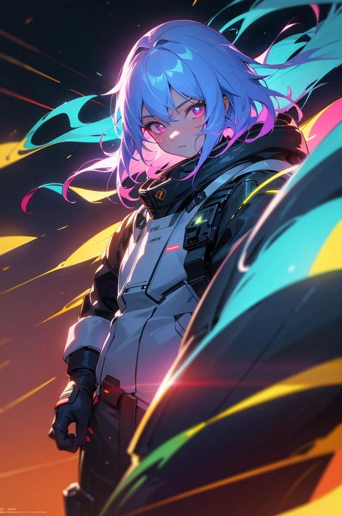 glowing eyes, colourful glowing hair, wearing sci-fi jacket, anime style, high detail, Futurism, glowing light, UHD, retina, masterpiece, ccurate, anatomically correct, textured skin, super detail, high details, high quality, award winning, best quality, highres