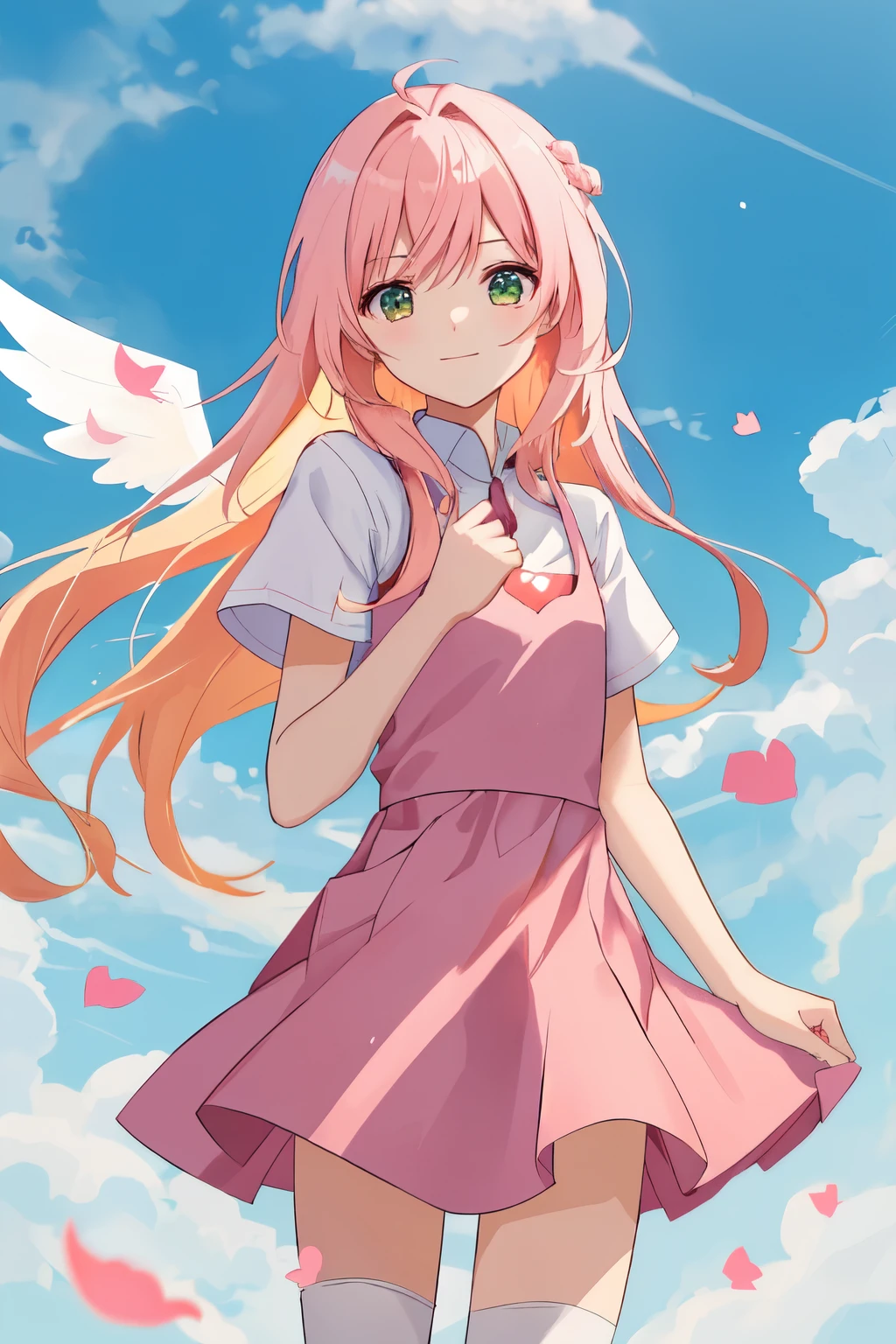 1_girl, (anime, kawai:2), (masterpeice, best_quality, clean:1.5), (sky_background:1.2), (cute, cute_smile, wholesome, young:1.8), (delicate, extremely_delicate, beautiful, thin:1.5), (girlfriend, angel:1.8), (green_eyes, simple_eyes:1.8) (long_hair, blond_hair:1.8), (combat:1.2), (wearing_pink_dress, pink_angel_wings:1.8), (combat:1.2), extremely_delicate, (love_magic:1.5), (age_size_fits_body), (small_thighs:1.3), (breasts), (eye_level:1.3), (heart_magic, love:1.5), (warm:1.8), (folded_legs:1.5)