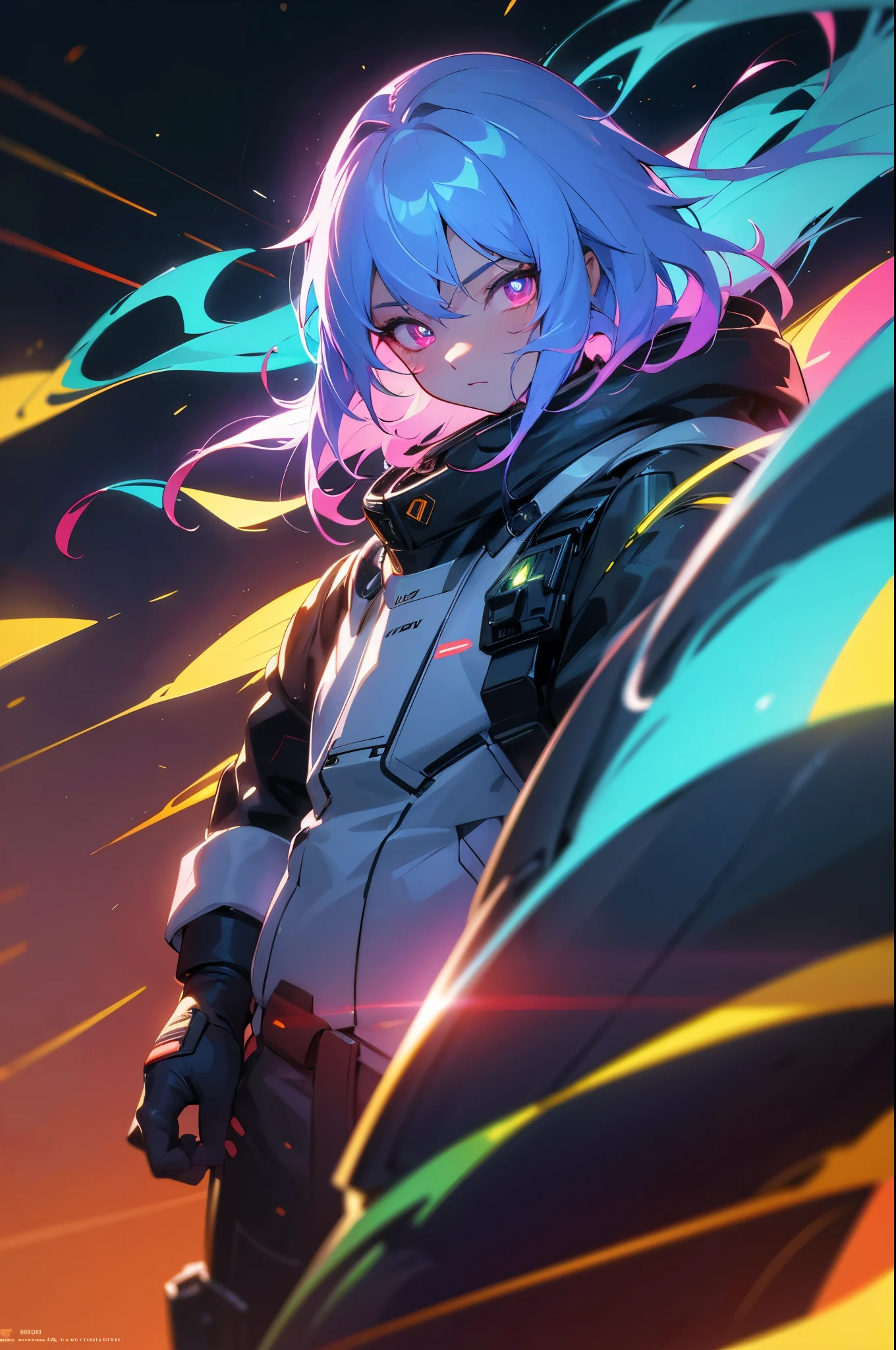 glowing eyes, colourful glowing hair, wearing sci-fi jacket, anime style, high detail, Futurism, glowing light, UHD, retina, masterpiece, ccurate, anatomically correct, textured skin, super detail, high details, high quality, award winning, best quality, highres
