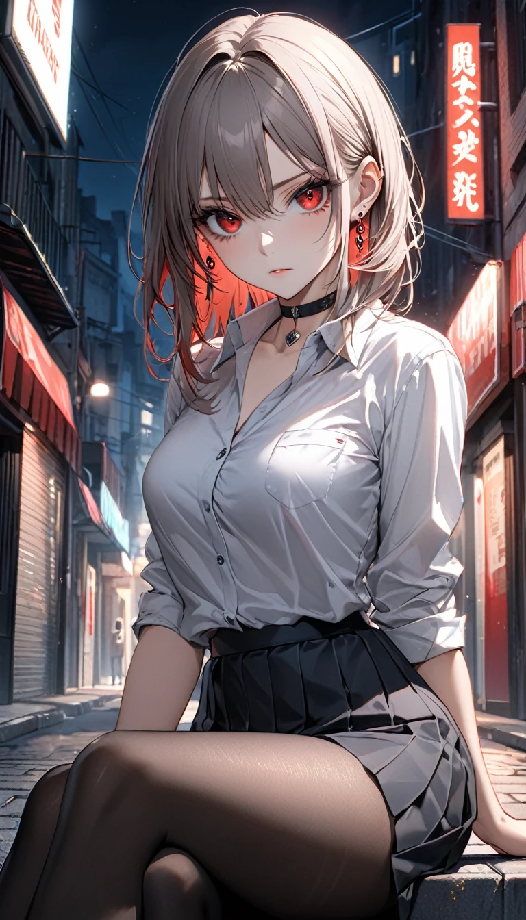 best quality, super_delicate, super delicate eyes, ultra detailed, beautiful, 8k , 1girl, red eyes, evil, looking sideway, don't looking at viewer, street, sitting, business shirt, skirt, earrings, choker, black tights, nikke, night