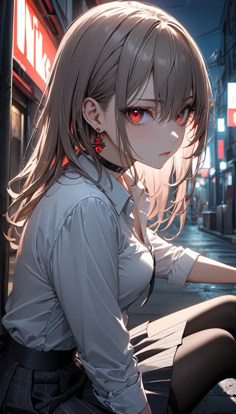 best quality, super_delicate, super delicate eyes, ultra detailed, beautiful, 8k , 1girl, red eyes, evil, looking sideway, don't looking at viewer, street, sitting, business shirt, skirt, earrings, choker, black tights, nikke, night