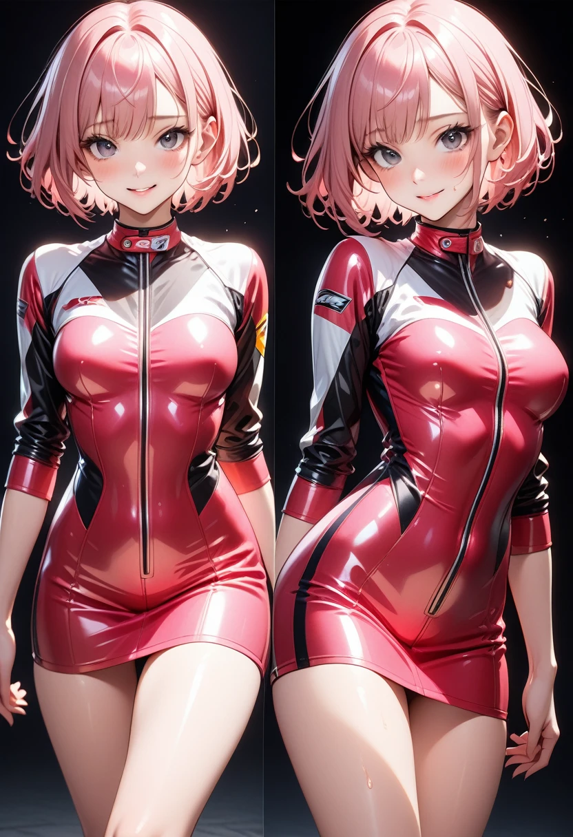 (((Racer suit, skirt))), ((Very shiny outfit)), skindentation, skinny, solo, 1 woman, Masterpiece, highest quality, highest quality, 16K, incredibly absurd, highly detailed, 2.5D, ai-generated, delicate and dynamic, very delicate facial expressions, delicate eye depiction, erotic, only sexy woman, ((A cute and kind face)), healthy figure, ((25-year-old woman)), 160cm tall, ((medium firm swaying bust)), medium breasts, (short hair), (pink hair:1.5), bob cut, black eye, blush, Sweat,Embarrassed,sexy, ((thin thighs)), (camel toe:0.7), (visible nipples:0.5), (Erect nipples,:0.7), shiny and lustrous, facing straight at viewer, smile, ((Oily_skin)), dark skin, ((standing)), ((arm at side)), ((erotic pose)),
