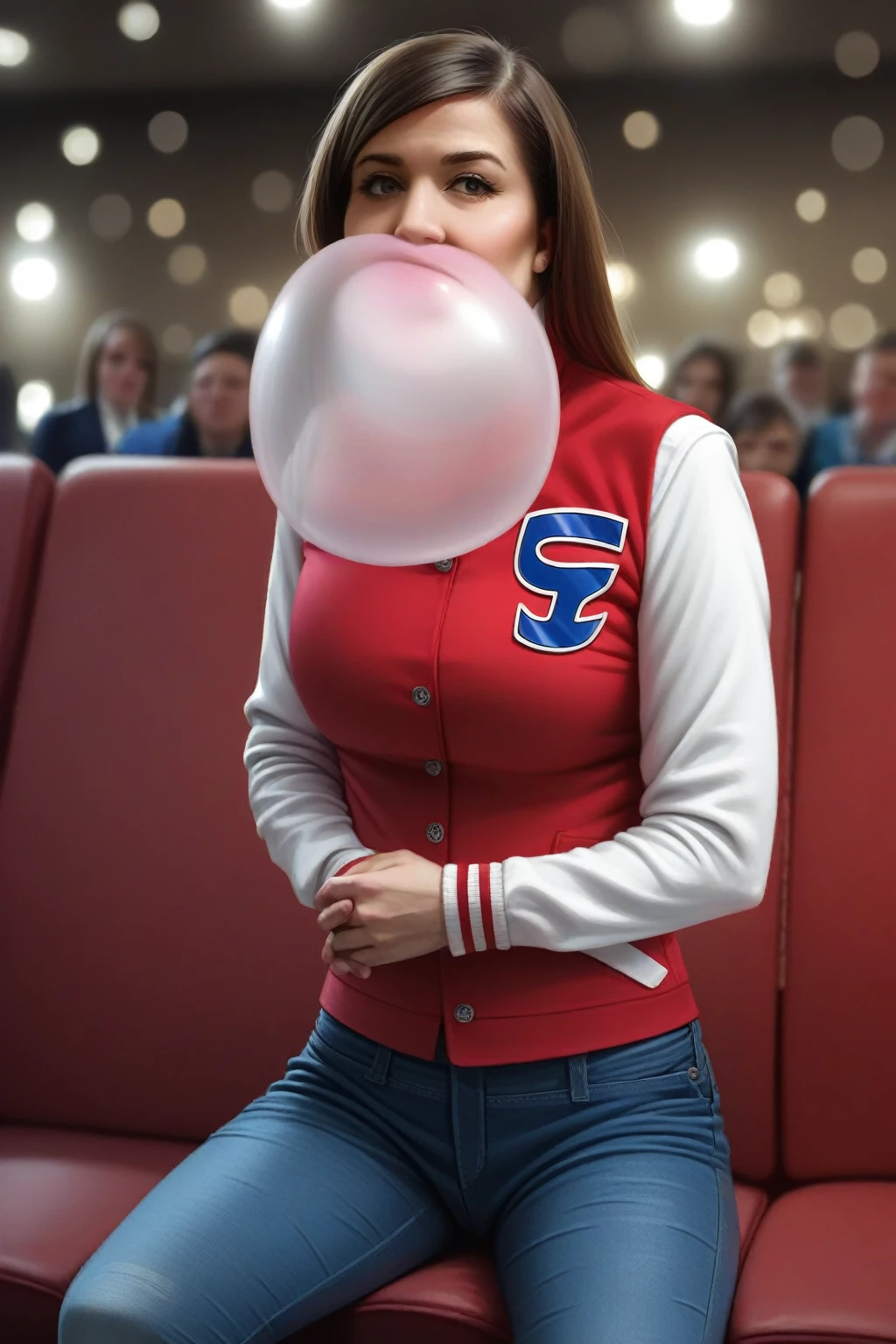 realistic,score_9, score_8_up, score_7_up, cinematic photo Mid-shot portrait of a beautiful ((ohwx woman)) in her 30s in letterman jacket and jeans, Jordan Carver with long hair and blue bow in hair, candid street portrait in the style of Martin Schoeller award winning, Sony a7R . 35mm photograph, film, bokeh, professional, 4k, highly detailed, lips (blowing clear ((gigantic)) bubblegum), big breasts, inside 1950's movie theatre