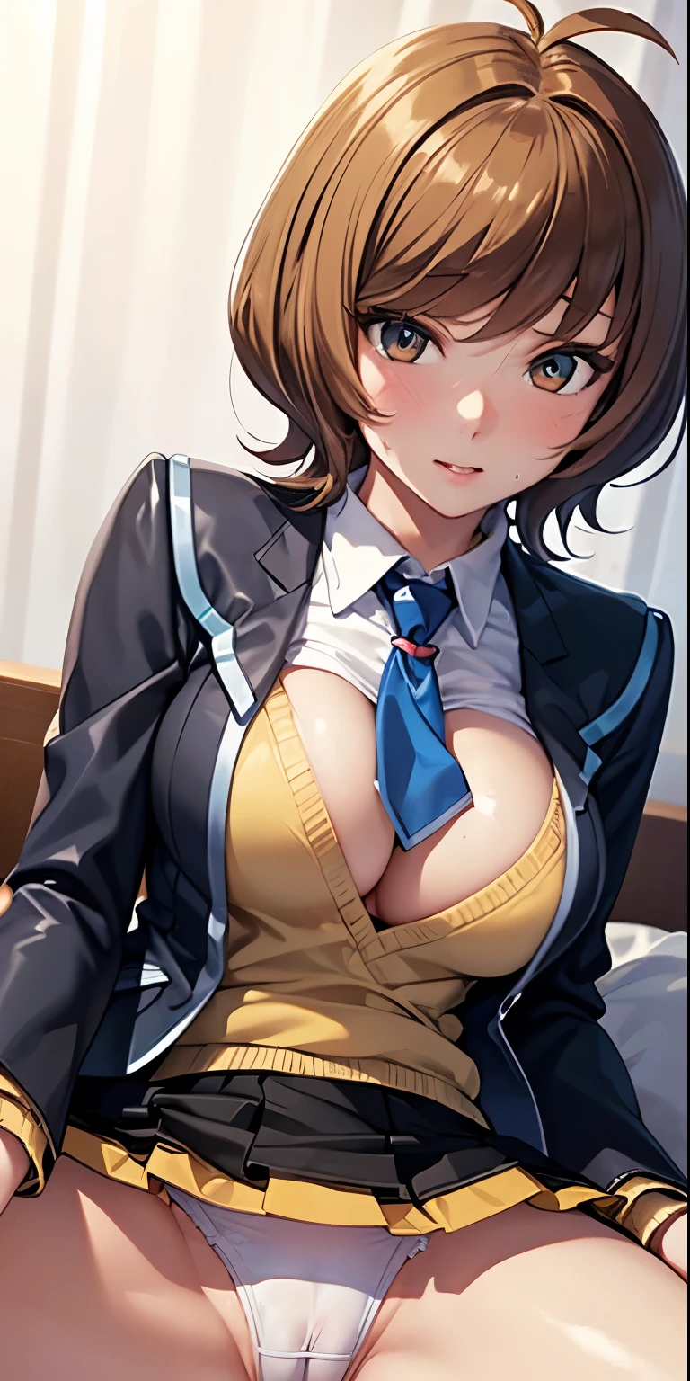 1 Female,High definition,high resolution,Ultra-realistic,8K, hmza, short hair, antenna hair, brown eyes, , blue necktie, (black jacket), yellow shirt,long sleeves,( black skirt),tight skirt , miniskirt,European,sexy,Upper body close-up,Photographed from the front,Dynamic Angles,blush, (big tits  ), happy, wink the eye,facial, sweat ,(wide thighs:1.4),(white panties),(show panties),(pubic hair),(cameltoe),(sitting),(spread legs)