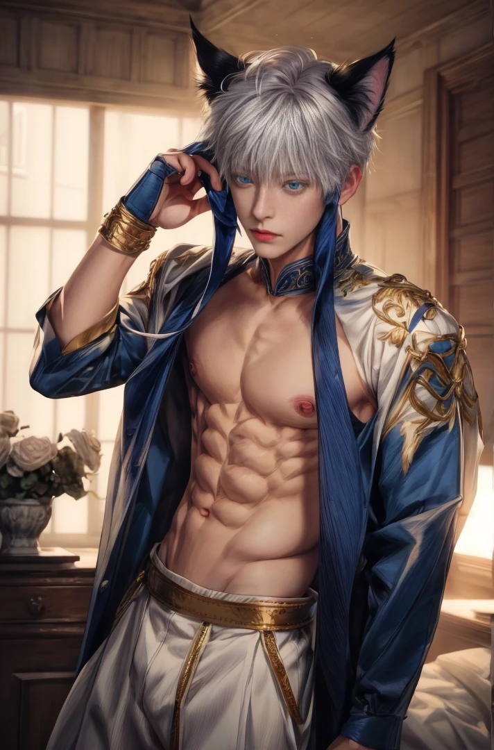 1boy, adult, handsome, perfect face, detailed eyes and face, clean shaved, sixpack realistic, white eyebrow hair, white eyelashes, dynamic lighting, unreal engine 5, hd picture, satoru gojo, white hair, short hair ,hair between eyes ,blue eyes, white skin, Cat ears,