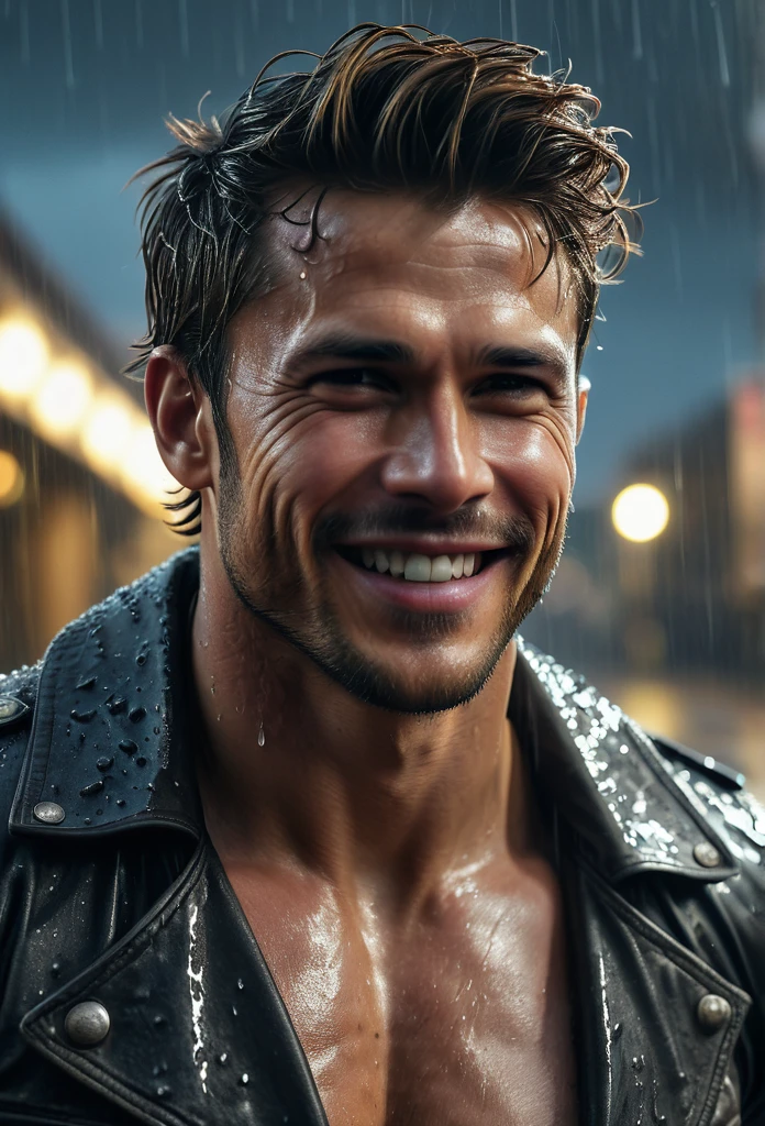 realist:1.3,( fotorrealist, 8k, RAW Photos, Premium quality, masterpiece, epic lighting. close up, Centered image), (foreground),((1 beautiful man beautiful smile, self-confident well-formed muscles, post apocalyptic, guerrero, Perfectly detailed face and body, (foreground), rainy scene, poor lighting due to rain,(( face and body wet from the rain:1.5)),lightning lighting, dynamic pose, beautiful and detailed hair, Leather Clothes)), ((Imaginative scene)),((perfect, meticulously detailed.:1.3)), ((full shot: 1.4)), ((best quality )), ((masterpiece)), 3D, (hyper detailed: 1.3), ((Epic Scenery: 1.3)), ((night background: 1.3 ))), (((night:1.2))), ( Photorealistic: 1.4), ((Front camera)),( (Low-light night cinematic lighting: 1.2)). 32