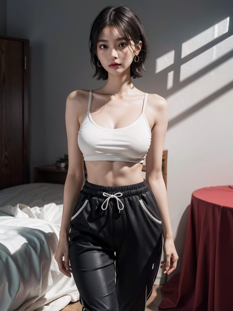 absurdres, RAW photo, extremely delicate and beautiful, masterpiece, Best Quality, ultra high resolution, 16k, hyperrealistic, ultra-detailed, perfect anatomy, super Detailed skin, perfect figure, Very detailed CG 8k wallpaper, in her 20s, very Slim body, (narrow waist:1.1), very small head, very small face, delicate facial features, tearful mole, earring, thin legs, (very huge round breasts:1.2), (full body shot:1.1), short hair, wavy hair, (jogger pants::1.2), (bare legs:1.1),