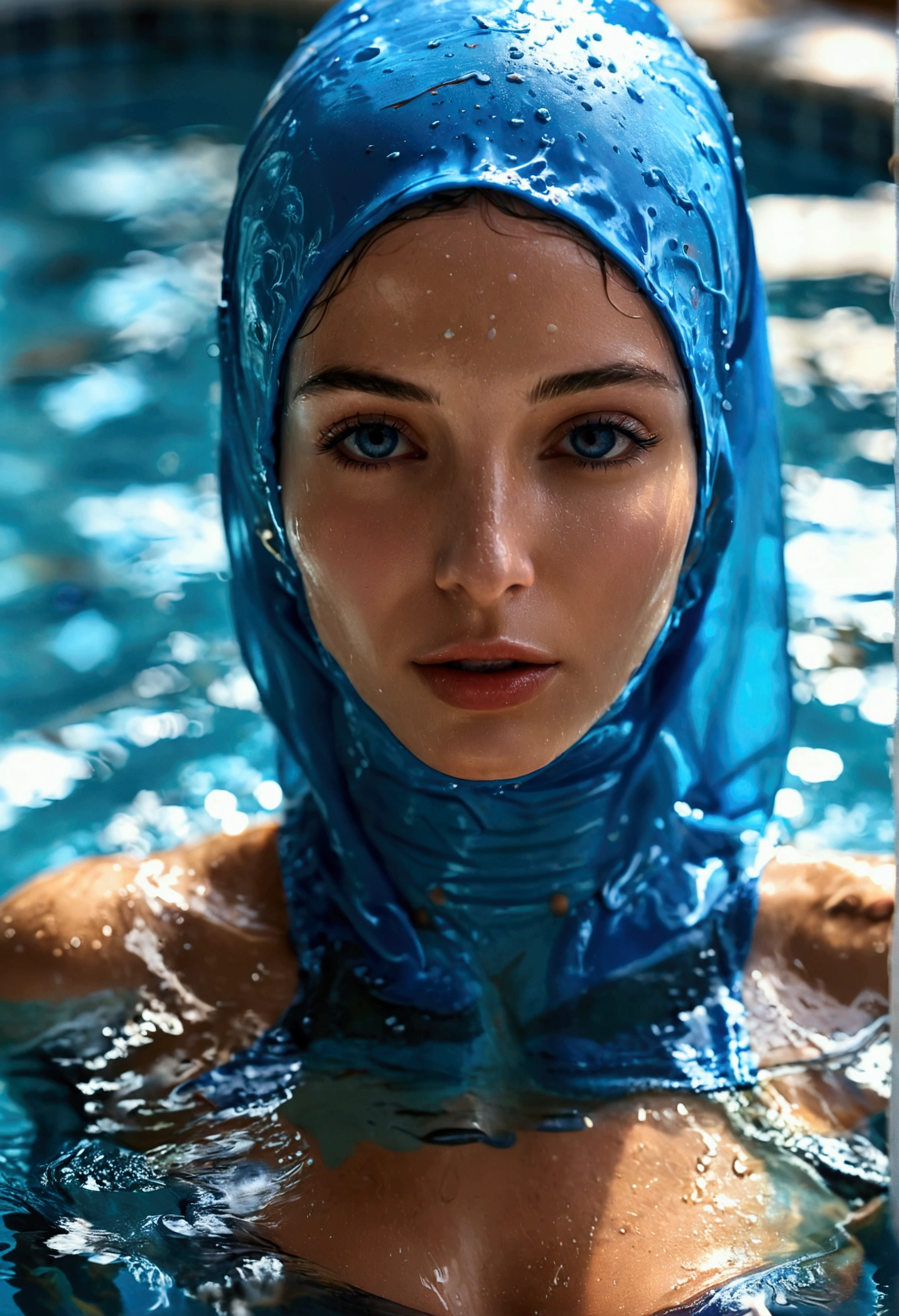 wet beautiful woman wearing blue burkini cover all her body, swimming in the middle of a pool, and putting full makeup on her face, 16k resolution, high quality, very realistic, fine details, professional lighting, Sony camera, fine and realistic face and body details
