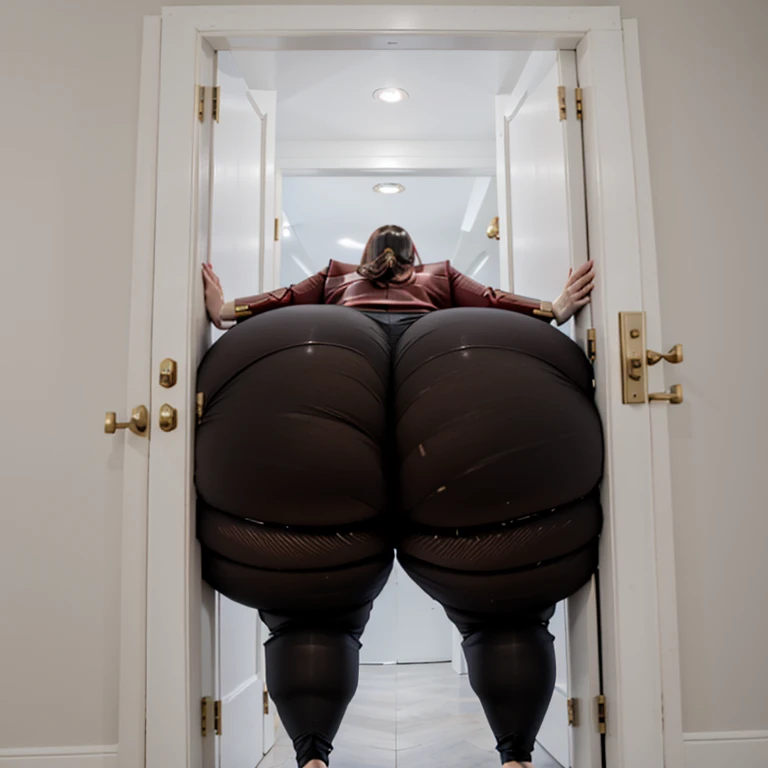 masterpiece, 1girl tall, fat, bottom heavy ssbbw british, 30 year old, behind a doorway, from behind, (doorstuck, stuckback:1.3), big belly, huge wide hips, massive butt, thick thighs, colorful clothing, wearing a red suit and tie and formal pants, upset, she tries to wiggle her big body through the door, but the door is too small and she is stuck tight, she kicks and swings her legs back and forth in a panic, she is way too big and round to fit through,, she looks behind at the viewer politely asking for some help as she tries to pull herself out with all her might, she swings her hips desperately