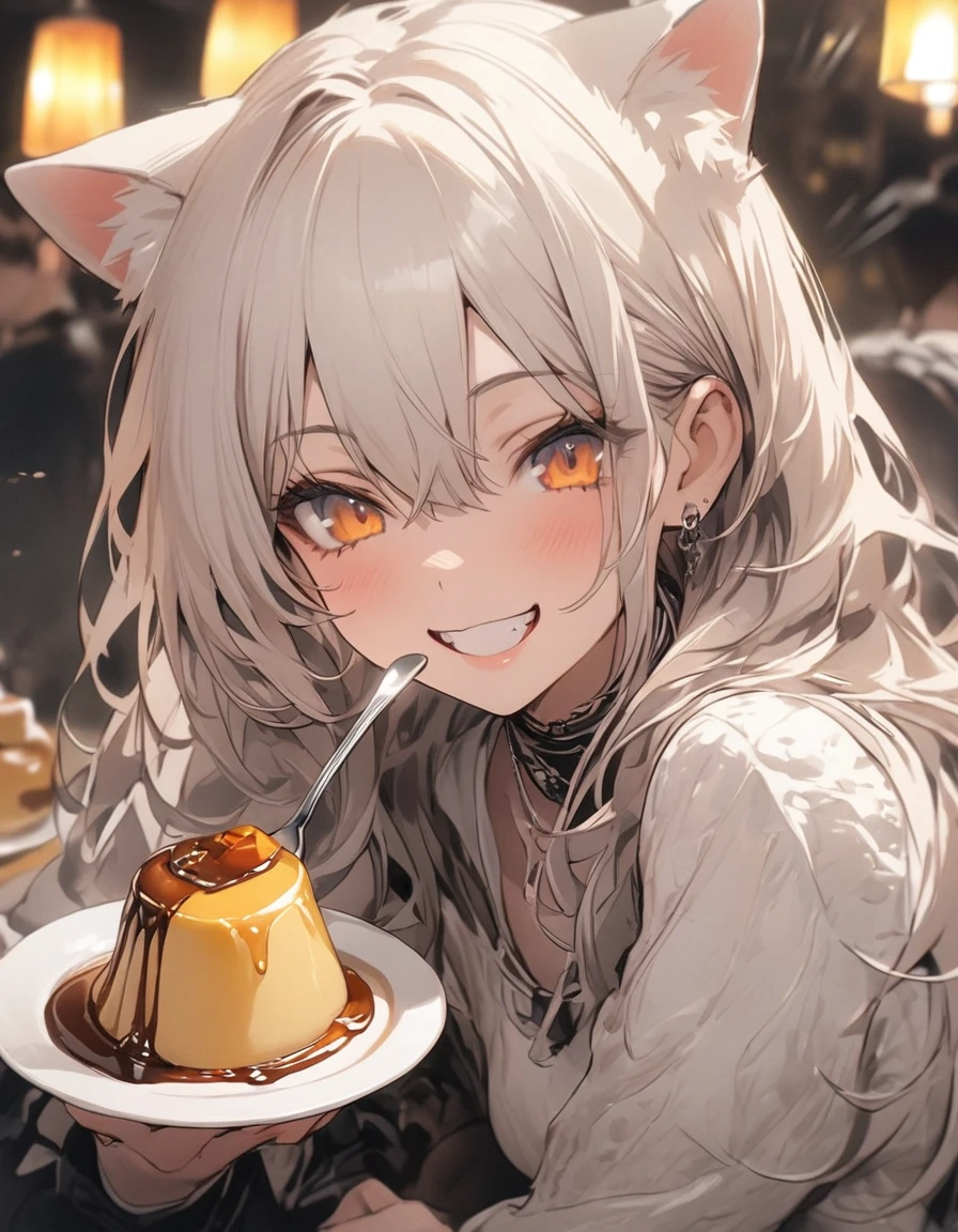 masterpiece、girl、White Hair、Long Hair、Cat ear、smile、(((Big caramel sauce Pudding)))、She has spoon,Focus on the face

INFO
