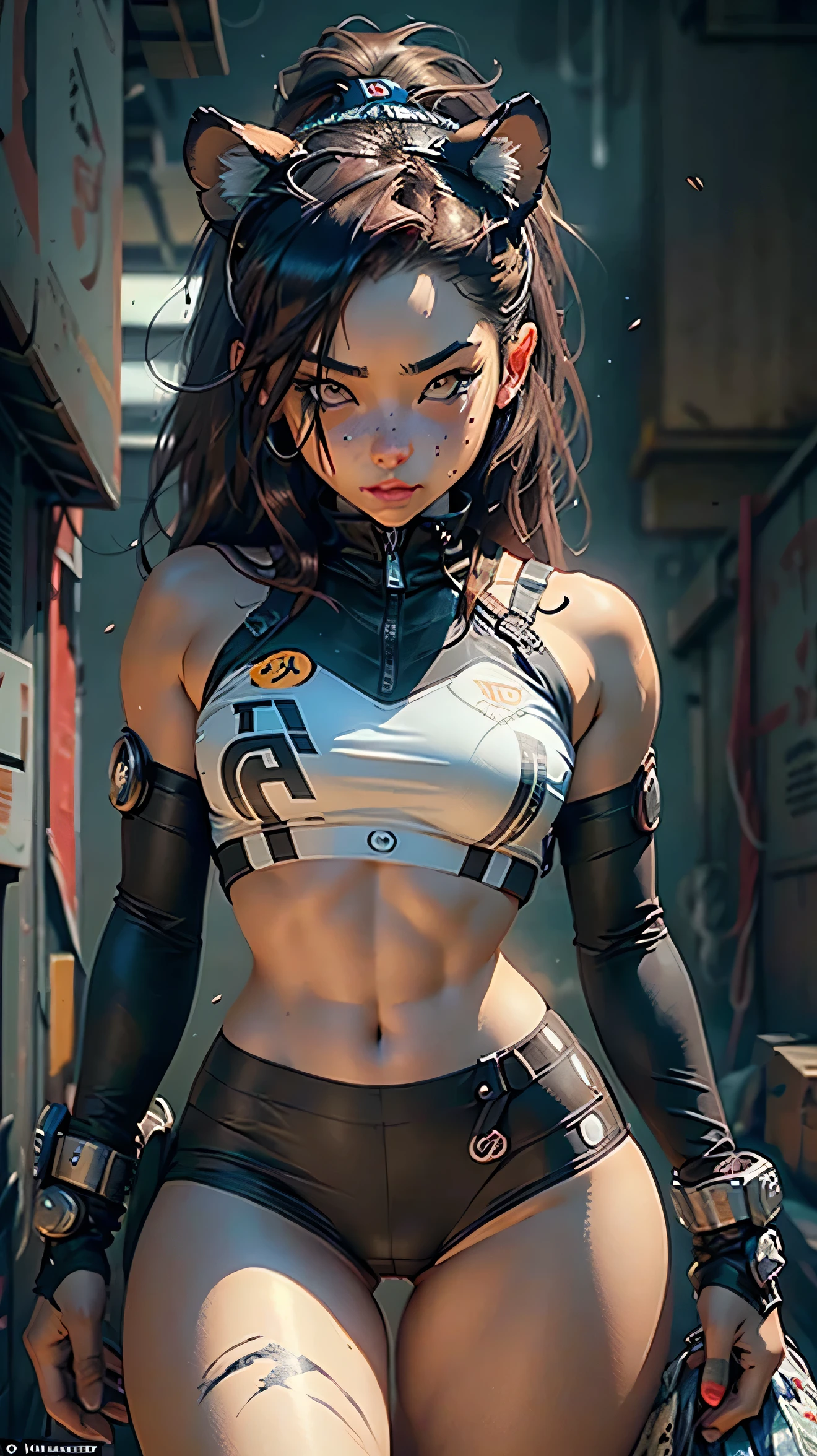 tiger face with tiger eyes, ears and snout, defined female body thick thighs cybernetic body parts, short underwear, sexy
