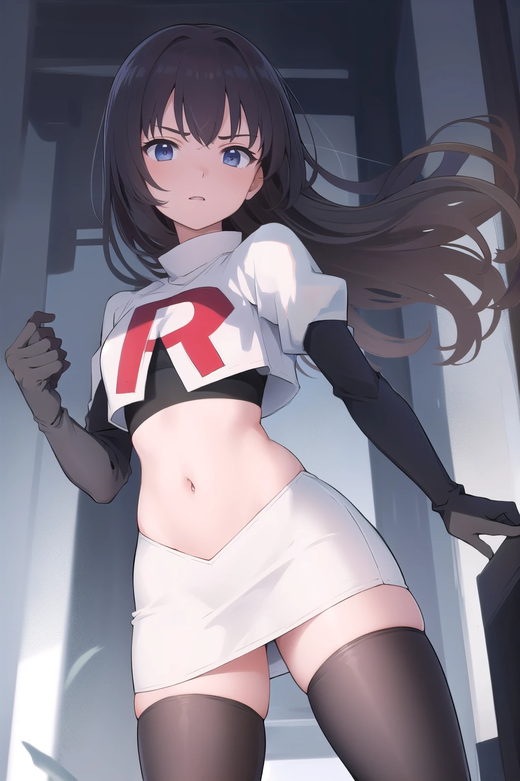 masterpiece, best quality, absurdres, perfect antomy, 1girl, solo, Itsumi Erika, bangs, team rocket,team rocket uniform,white skirt,red letter R,crop top,black thigh-highs,black elbow gloves