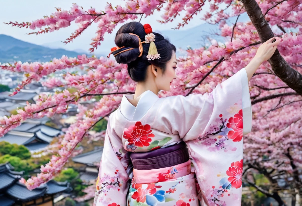 (Cherry blossom :1.5), (ink and watercolor painting:1.5), (Tasteful:1.5), (ink and watercolor painting:1.5), (full color:1.5), 8k, 4k, (landscapes:1.5),(cherry blossom trees:1.5),(wind:1.5),(flying cherry blossom petals:1.5),(kyoto:1.5),(pink theme:1.5),mount fuji in background, 1girl, A darK-haired, Smile, Eye-Level Shot, 8k, Super Detail, uhd, retina, masterpiece, Anatomically correct, Textured skin, kimono, silk fabric, japanese, Japanese clothes, (Wisteria floral pattern), Silk, Japan hair, Trailing hair, Japan beauties, BIG ASS, (wonderful proportions:1.8), (10 head body:1.8), Slim body, thin-waist, (Smart Standing), (Dignified atmosphere), Sense of cleanliness, (Full of elegance), Historical, heroine, refreshing, Edo style, Downtown Atmosphere, Edo-kko, Yoshiwara Geisha, Oiran, oiran, Countries, Juunihitoe, Premium kimono, amorous, Glossy appearance, (Long and beautiful legs:1.6), beautiful legs, (beautiful leg lines), (made in Japan:1.4), Genroku culture, beauty in return, sexy nape, watercolor painting style, half body.
