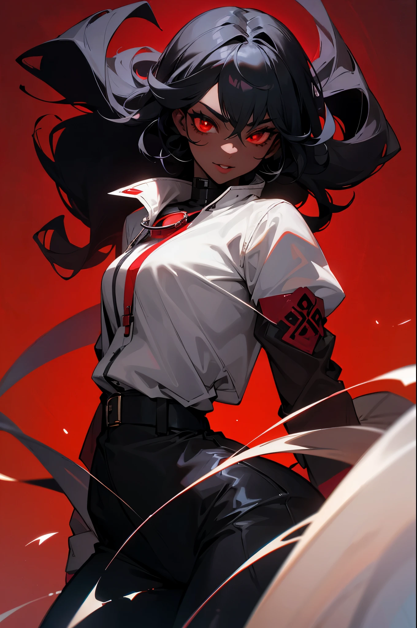 female, black skin,curly black hair, red eyes, vampire, jacket, black skin tone
