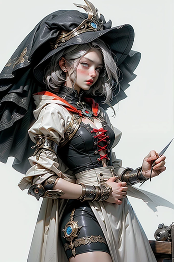 mpts copy
(((On the table, highest quality, Super detailed))), Hand drawn style, Hand drawn style, watercolor, sketch, a knight, White background, Solid background, bloodborne inspiration, Tattered Bloodborne Costume, mysterious aesthetic, mysterious, Shabby red and white clothing,Detailed and complex steampunk and detailed gothic ta (with hood), crown, long coat, long legs, intricate lace-up boots, Fluttering lace flared long knee length dress with frilly petticoats, long skirt, knee length dress, pleated petticoat, loliress, Gothic loli petat, beautiful small breasts, (((( Highly detailed face))), Small, thin nose, small thin lips, (((Eyes are very sharp and focused))), Very large slit fine light grey eyes,Sparkling like a gem. Eyelashes are very long, Silver hair swaying in the wind, Radiant light with mandala pattern, White background, Very dramatic and cinematic lighting, Damaged old red and white clothes, full Body, whole Body, Body, cosmic horror, grim darkness