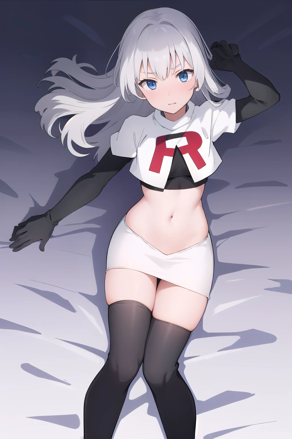 masterpiece, best quality, absurdres, perfect antomy, 1girl, solo, Itsumi Erika, bangs, team rocket,team rocket uniform,white skirt,red letter R,crop top,black thigh-highs,black elbow gloves