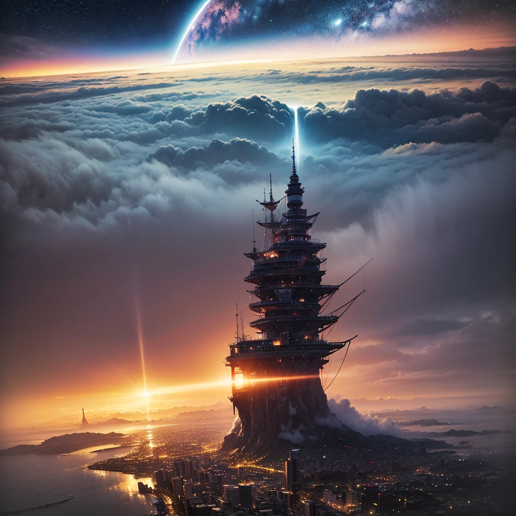 (8k, highest quality, masterpiece, final fantasy style: 1.2), (unRealistic, photoRealistic: 1.37), Dreamy landscape, Fantasy, Unsurreal landscapes, Super detailed, Flying Castle, Floating Island in the Sky, Seven-colored swirl of light, Intense lightning, milky way, Complex Light, Colored light, Large Lake, Starry sky reflected on the lake surface, Countless shining stars, Meteors,  Reflections , (A pillar of light emanated from the ground:1,2),heavenly roses and orchids gardens on the ground , sunset, pink clouds, waterfall in the sky, realistic style, Hyperrealism drawing, a flying pirate spaceship floating at the clouds level, burning skyscrapers, cyborgs, timeless realms, stunning  princess  , floating hair, pink lipstick, cute,  shoulders ,  circlet, sideless, backless, white mage robe, white leotard, pelvic curtain, leaning forward, casting spell, healing light magic effect, in a magical lagoon of the fairyland, crystal clear water surface reflections, sharp focus, looking at viewer, (close-up:0.9), (bright white theme:1.2), (bright white tone:1.2), (deep blue tone:1.3), realistic, Hyperrealism,