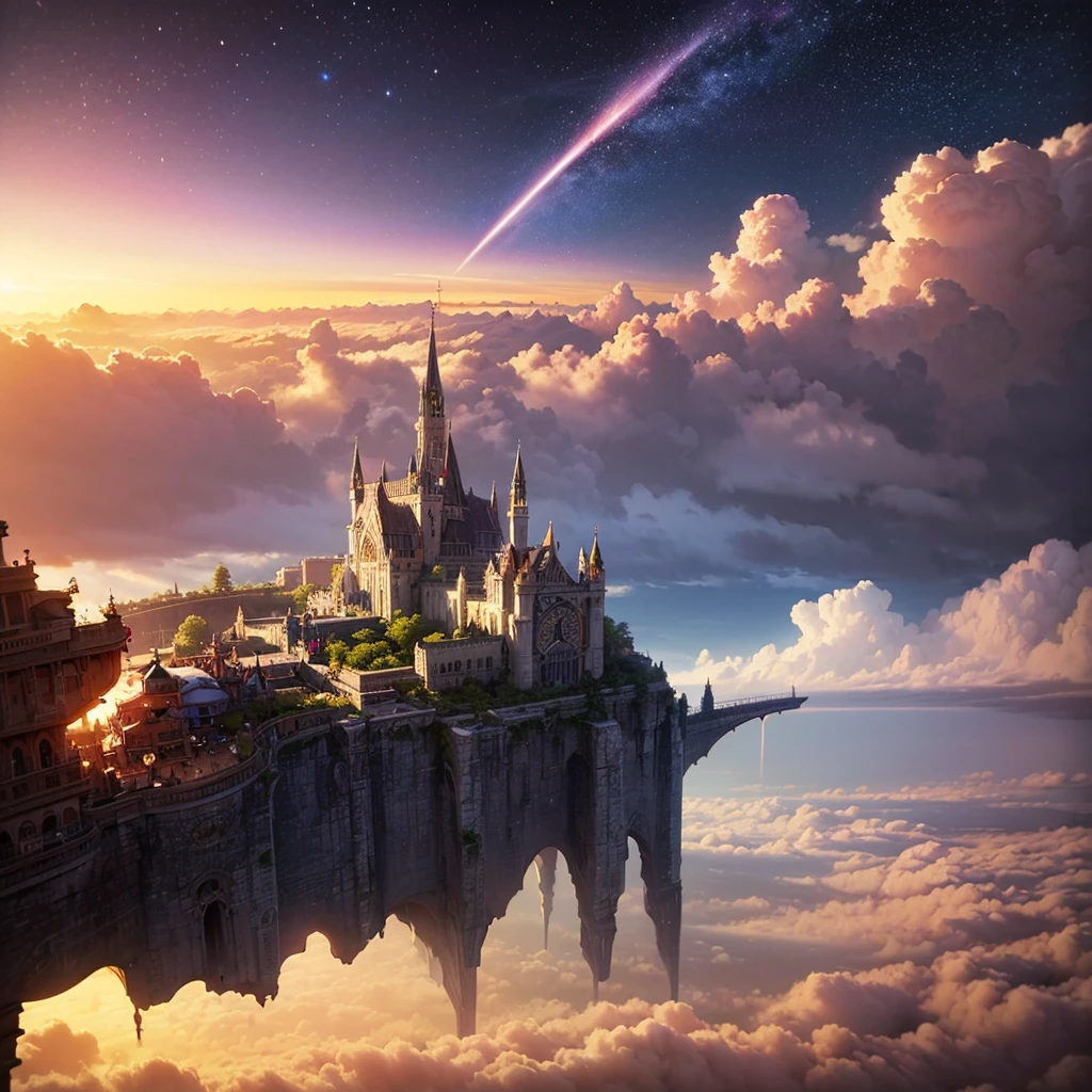(8k, highest quality, masterpiece, final fantasy style: 1.2), (unRealistic, photoRealistic: 1.37), Dreamy landscape, Fantasy, Unsurreal landscapes, Super detailed, Flying Castle, Floating Island in the Sky, Seven-colored swirl of light, Intense lightning, milky way, Complex Light, Colored light, Large Lake, Starry sky reflected on the lake surface, Countless shining stars, Meteors,  Reflections , (A pillar of light emanated from the ground:1,2),heavenly roses and orchids gardens on the ground , sunset, pink clouds, waterfall in the sky, realistic style, Hyperrealism drawing, a flying pirate spaceship floating at the clouds level, burning skyscrapers, cyborgs, timeless realms, stunning  princess  , floating hair, pink lipstick, cute,  shoulders ,  circlet, sideless, backless, white mage robe, white leotard, pelvic curtain, leaning forward, casting spell, healing light magic effect, in a magical lagoon of the fairyland, crystal clear water surface reflections, sharp focus, looking at viewer, (close-up:0.9), (bright white theme:1.2), (bright white tone:1.2), (deep blue tone:1.3), realistic, Hyperrealism,