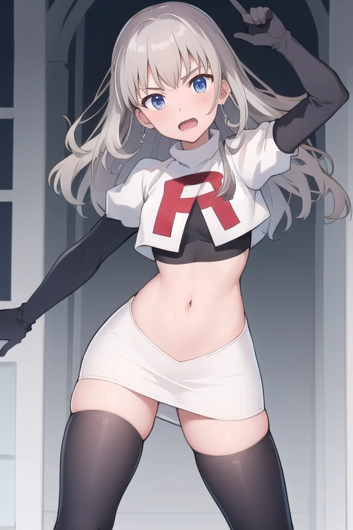 masterpiece, best quality, absurdres, perfect antomy, 1girl, solo, Itsumi Erika, bangs, team rocket,team rocket uniform,white skirt,red letter R,crop top,black thigh-highs,black elbow gloves