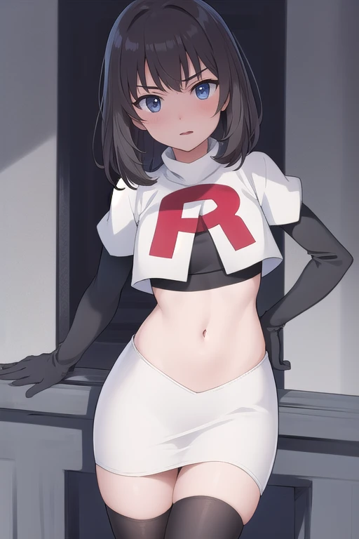 masterpiece, best quality, absurdres, perfect antomy, 1girl, solo, Itsumi Erika, bangs, team rocket,team rocket uniform,white skirt,red letter R,crop top,black thigh-highs,black elbow gloves