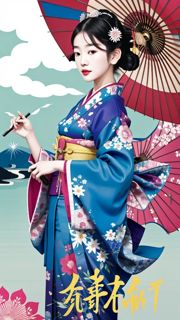 “A girl from the Taisho era holding a traditional Japanese umbrella (bangasa), illustrated in the style of Yusuke Nakamura. She is wearing a colorful kimono with intricate patterns, standing gracefully with the umbrella open above her head. The background features a serene Japanese landscape with traditional architecture and blooming cherry blossoms. Bright and colorful palette, delicate line work, and a slightly nostalgic, yet modern feel.”