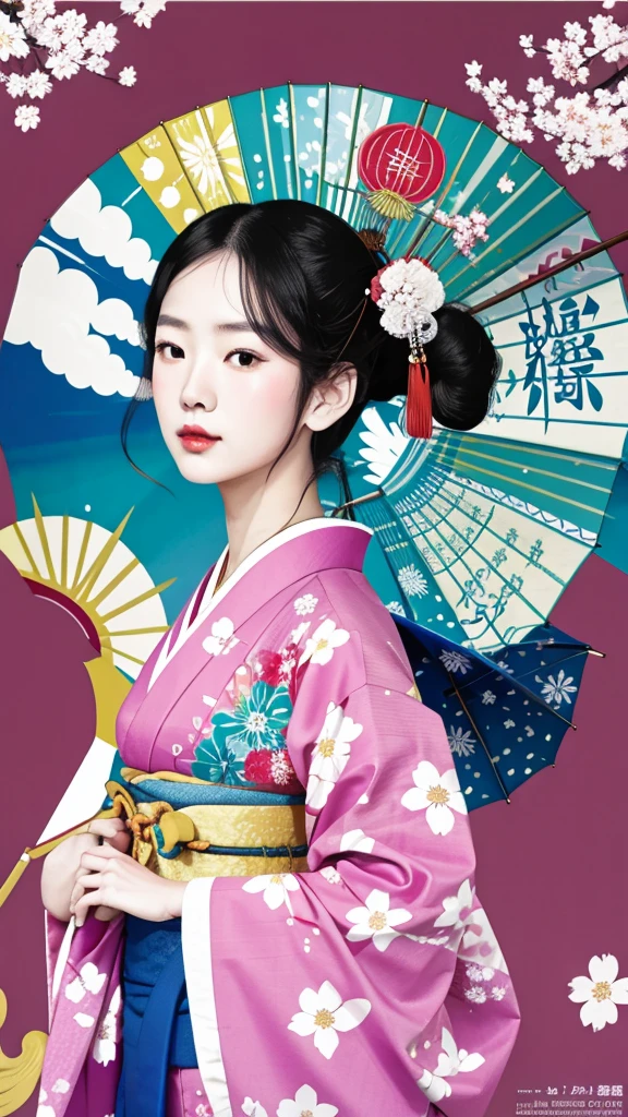 “A girl from the Taisho era holding a traditional Japanese umbrella (bangasa), illustrated in the style of Yusuke Nakamura. She is wearing a colorful kimono with intricate patterns, standing gracefully with the umbrella open above her head. The background features a serene Japanese landscape with traditional architecture and blooming cherry blossoms. Bright and colorful palette, delicate line work, and a slightly nostalgic, yet modern feel.”