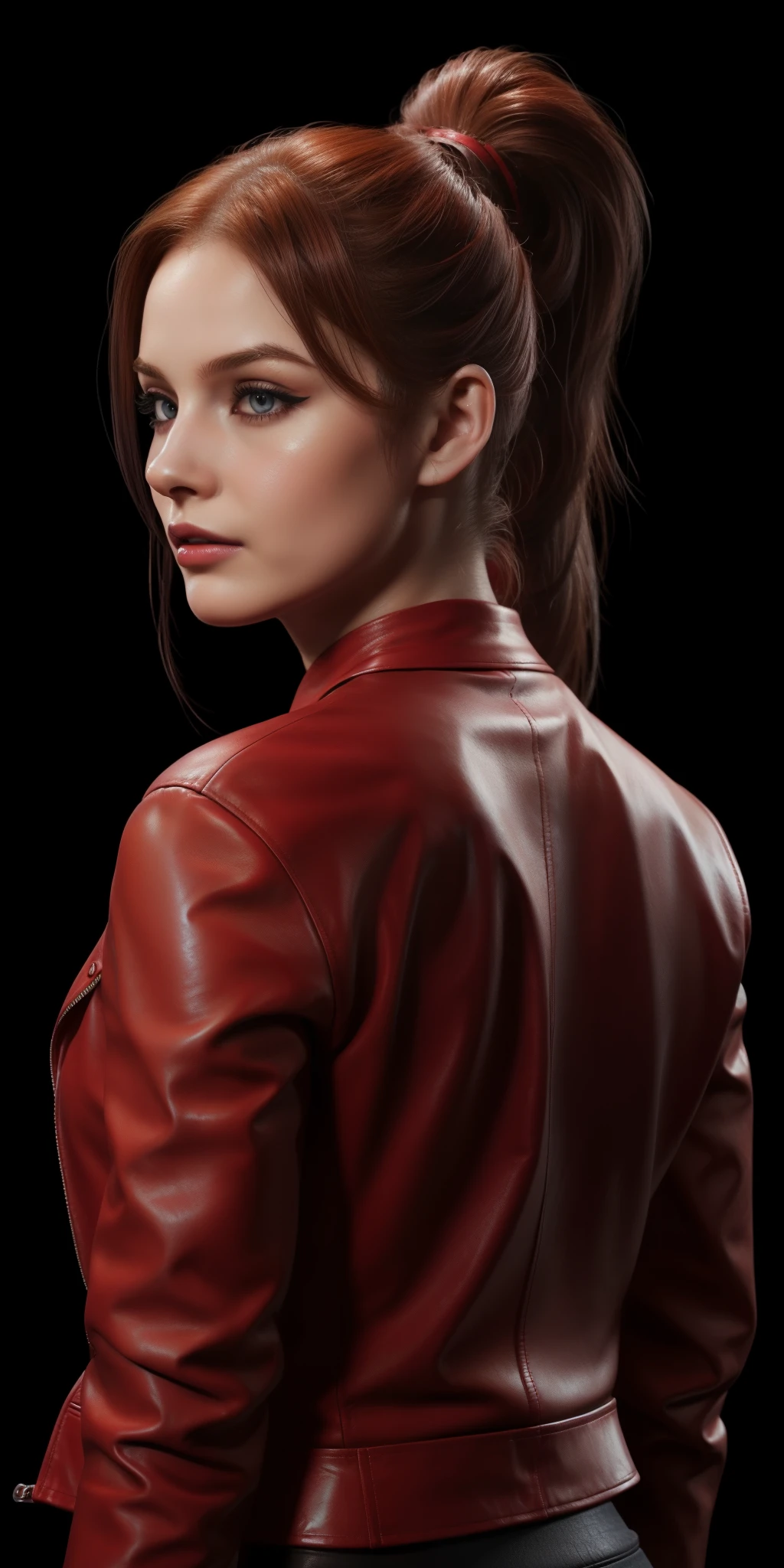 woman with ponytail,Auburn hair, pale,soft body,eyeliner,portrait, beautiful woman, beautiful female ,beautiful classy woman ,eyeliner,wonderful highly detailed masterpiece, elegant, digital painting, smooth, dramatic lighting, ultra realistic, 8k, art , blur backgrond, black background ,black background,black wallpaper,wearing red leather jacket