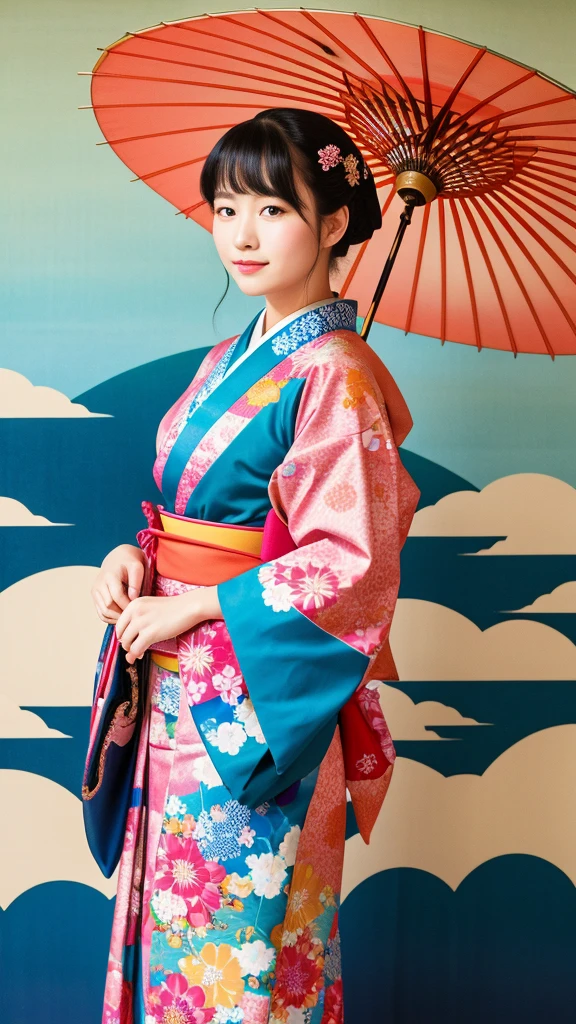 “A girl from the Taisho era holding a traditional Japanese umbrella (bangasa), illustrated in the style of Yusuke Nakamura. She is wearing a colorful kimono with intricate patterns, standing gracefully with the umbrella open above her head. The background features a serene Japanese landscape with traditional architecture and blooming cherry blossoms. Bright and colorful palette, delicate line work, and a slightly nostalgic, yet modern feel.”