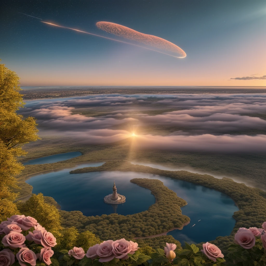 (8k, highest quality, masterpiece, final fantasy style: 1.2), (unRealistic, photoRealistic: 1.37), Dreamy landscape, Fantasy, Unsurreal landscapes, Super detailed, Flying Castle, Floating Island in the Sky, Seven-colored swirl of light, Intense lightning, milky way, Complex Light, Colored light, Large Lake, Starry sky reflected on the lake surface, Countless shining stars, Meteors,  Reflections , (A pillar of light emanated from the ground:1,2),heavenly roses and orchids gardens on the ground , sunset, pink clouds, waterfall in the sky, realistic style, Hyperrealism drawing, a flying pirate spaceship floating at the clouds level, burning skyscrapers, cyborgs, timeless realms, stunning  princess  , floating hair, pink lipstick, cute,  shoulders ,  circlet, sideless, backless, white mage robe, white leotard, pelvic curtain, leaning forward, casting spell, healing light magic effect, in a magical lagoon of the fairyland, crystal clear water surface reflections, sharp focus, looking at viewer, (close-up:0.9), (bright white theme:1.2), (bright white tone:1.2), (deep blue tone:1.3), realistic, Hyperrealism,