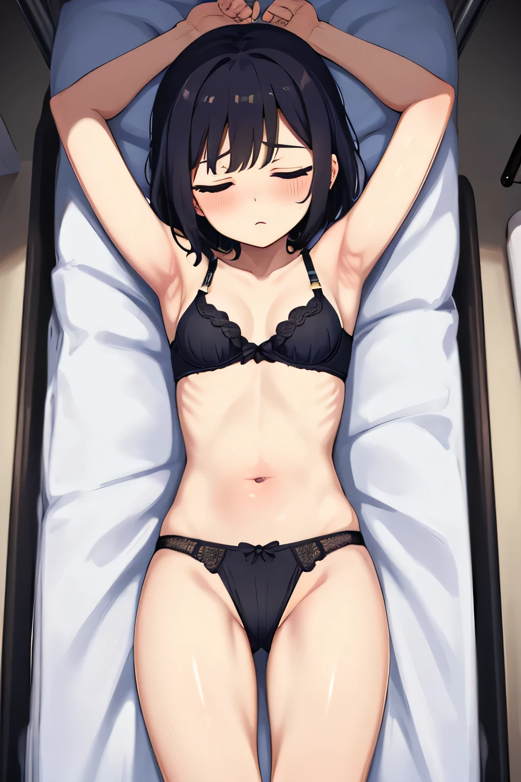 8k perfect anatomy short hair cute black hair small breasts armpits sleeping in hospital bed bare legs arms close to legs underwear bra