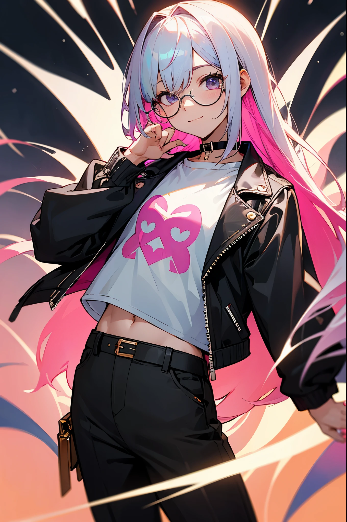 (male , eye glasses,A smile, silber hair)、solo、jaket、Black jacket、Iridescent background、a choker、razor、Leather jacket、O cabelo multicolorido、cowboy shot、Color Inner Hair、bangss、White shirt、Fluffy clothes、Two-tone、Viewer's Perspective、is standing、a closed mouth、A pink-haired、Hand up、croptop、sideways Facing