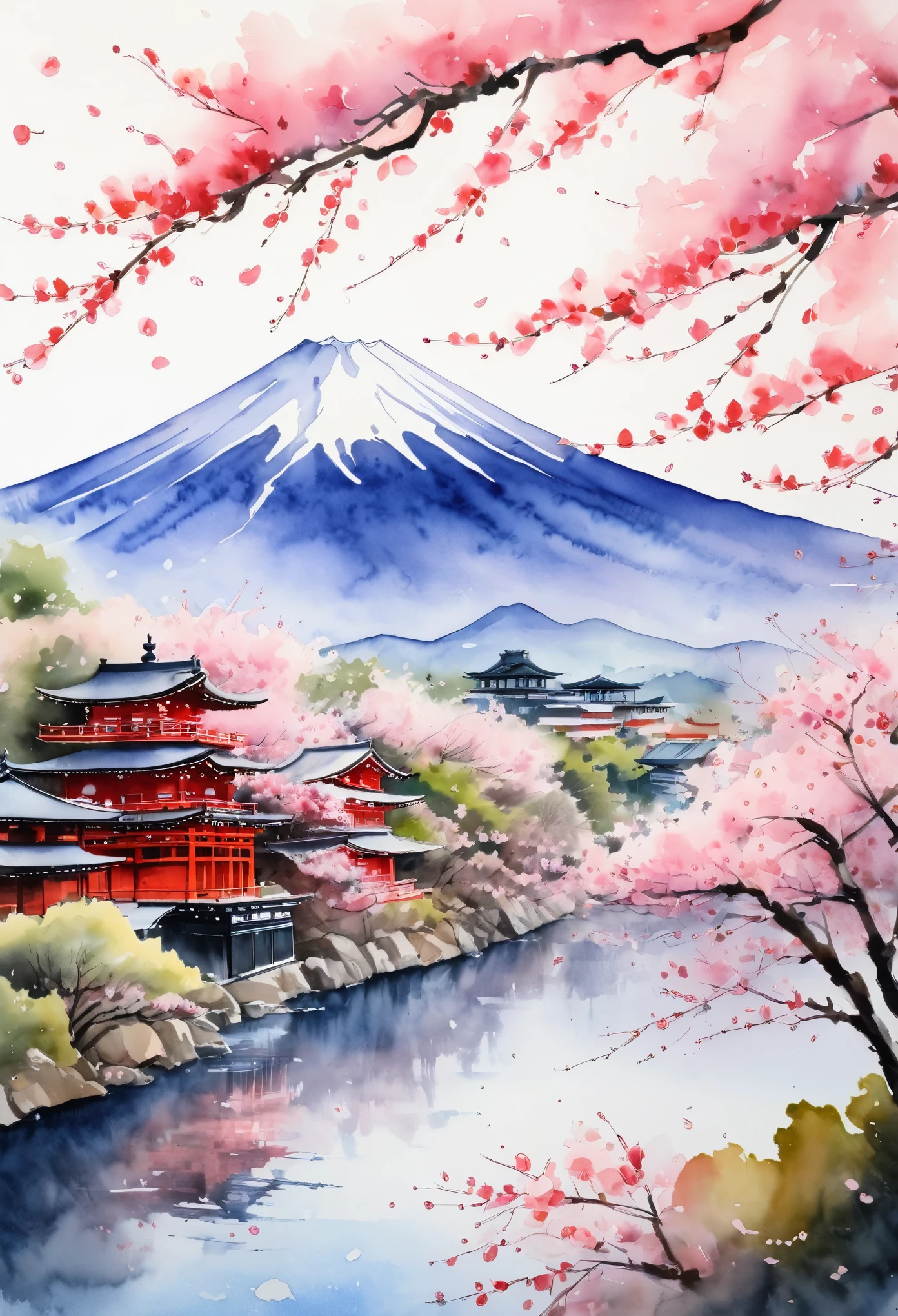 (Cherry blossom :1.5), (ink and watercolor painting:1.5), (Tasteful:1.5), (ink and watercolor painting:1.5), (full color:1.5), 8k, 4k, (landscapes:1.5),(cherry blossom trees:1.5),(wind:1.5),(flying cherry blossom petals:1.5),(kyoto:1.5),(pink theme:1.5),mount fuji in background
