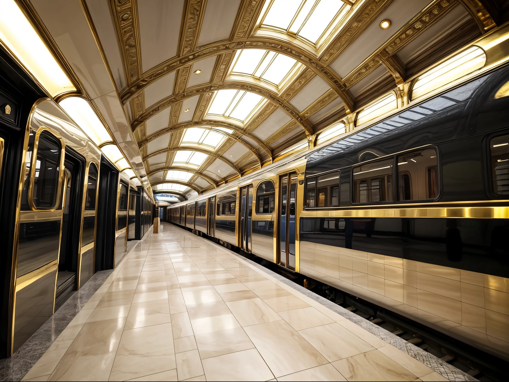 luxurious train station, grand architecture, elegant design, marble floors, gold accents, chandeliers, spacious hall, high ceilings, large windows, polished surfaces, premium materials, sophisticated lighting, stylish seating, opulent atmosphere, refined decor, upscale ambiance, luxury train, sleek design, parked at platform
