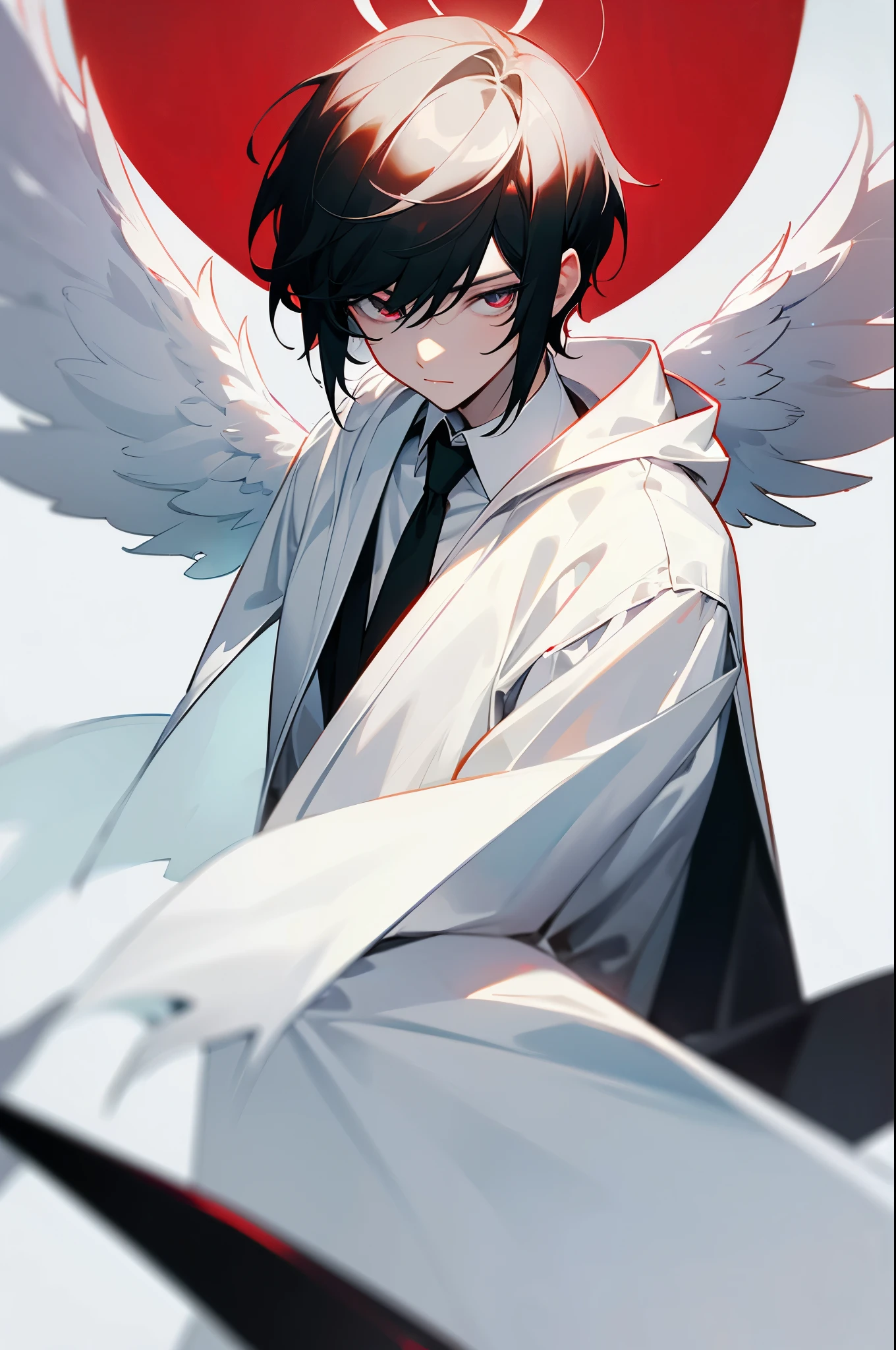 solo, handsome, 1 male, short hair, black hair and white color hair, pale eyes, white shirt, white tie, black hooded, black wings, red halo