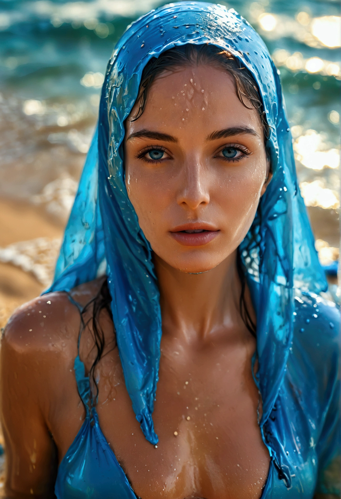 wet beautiful woman wearing blue burkini cover all her body, swimming in the middle of a beach, and putting full makeup on her face, 16k resolution, high quality, very realistic, fine details, professional lighting, Sony camera, fine and realistic face and body details