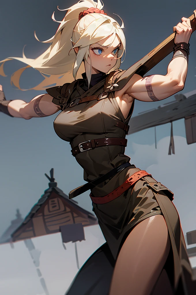 woman viking super strong, muscular, leather clothing, viking tattoos,((( a background village)))
