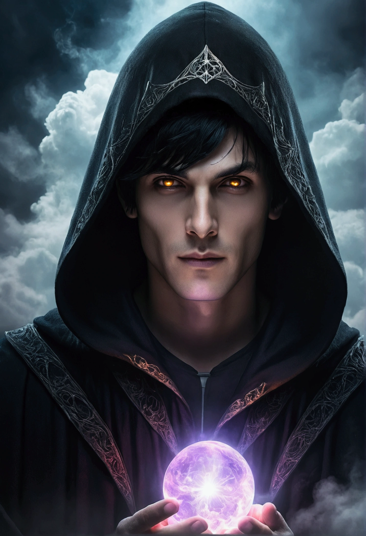A high fantasy portrait of a dark hooded wizard celestial being with tall and strong and very beautiful luminous straight and short black hair that are made of glowing light. He is surrounded by necrotic clouds and mist. Lots of magic