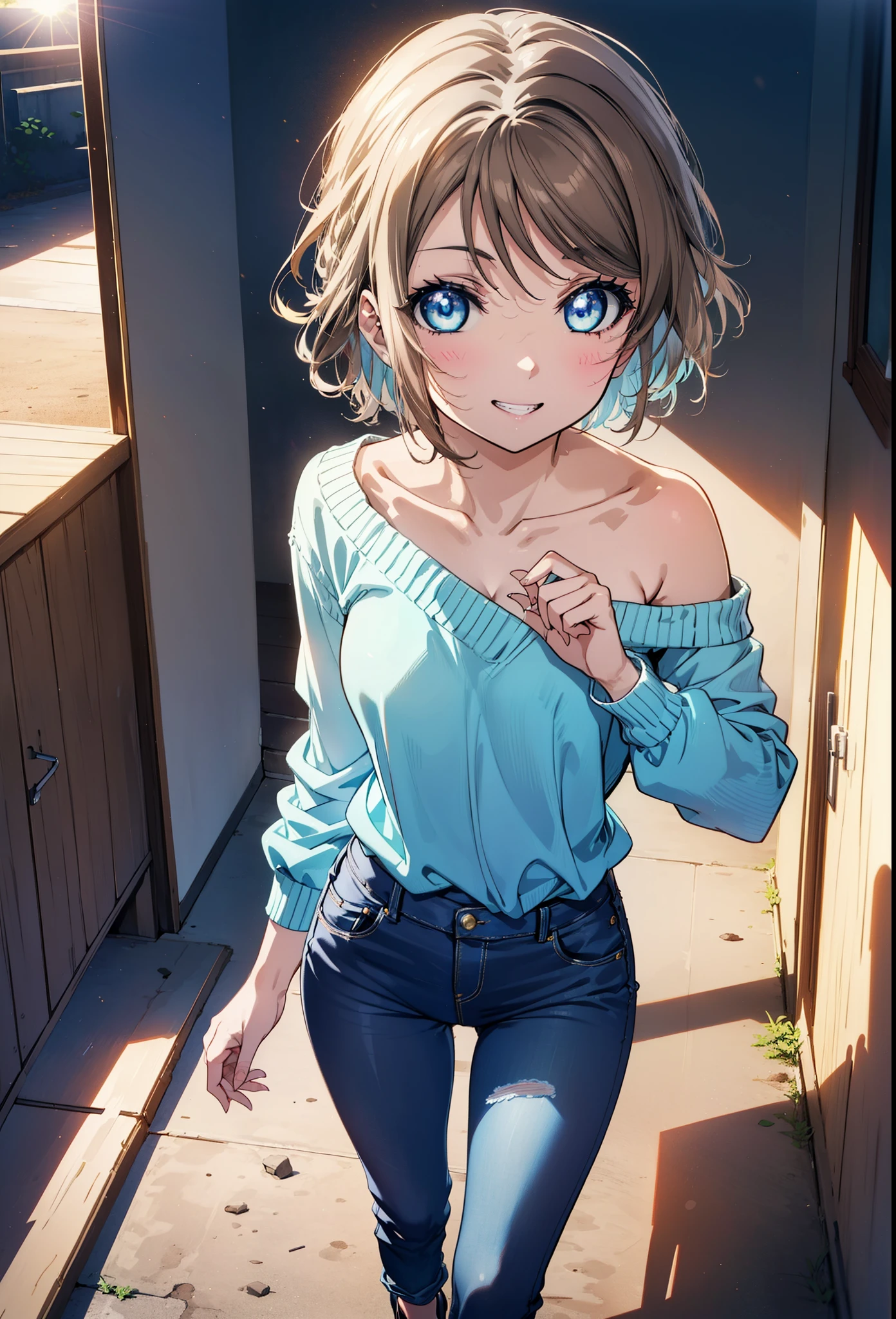 Yo Watanabe, Watanabe Yo, short hair, blue eyes, Brown Hair, smile, Grin,One-shoulder sweater,Skinny jeans,Stiletto heels,Walking,morning,morning陽,The sun is rising,whole bodyがイラストに入るように,
break outdoors, ビル街
break looking at viewer, whole body,
break (masterpiece:1.2), Highest quality, High resolution, unity 8k wallpaper, (figure:0.8), (Beautiful attention to detail:1.6), Highly detailed face, Perfect lighting, Highly detailed CG, (Perfect hands, Perfect Anatomy),