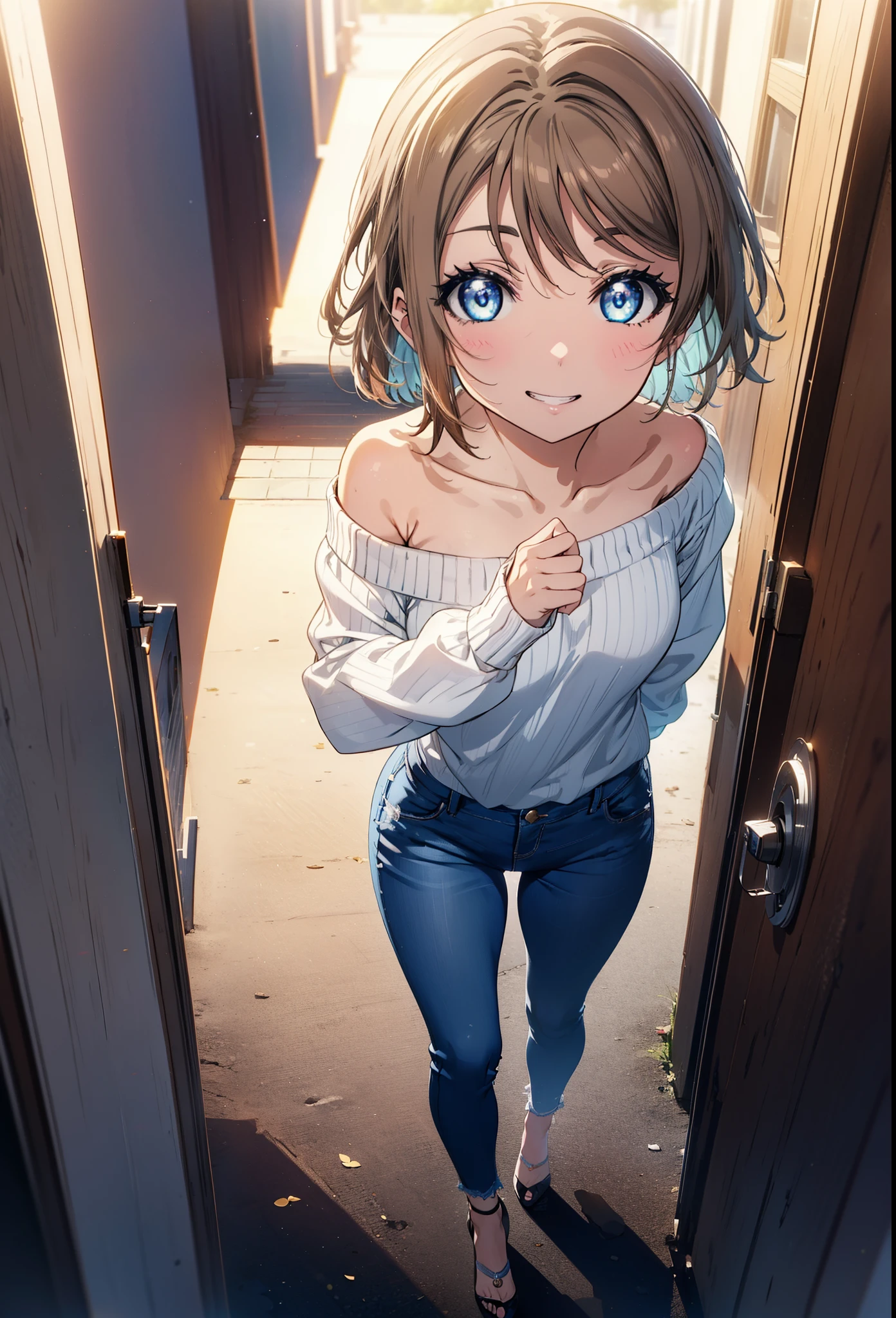 Yo Watanabe, Watanabe Yo, short hair, blue eyes, Brown Hair, smile, Grin,One-shoulder sweater,Skinny jeans,Stiletto heels,Walking,morning,morning陽,The sun is rising,whole bodyがイラストに入るように,
break outdoors, ビル街
break looking at viewer, whole body,
break (masterpiece:1.2), Highest quality, High resolution, unity 8k wallpaper, (figure:0.8), (Beautiful attention to detail:1.6), Highly detailed face, Perfect lighting, Highly detailed CG, (Perfect hands, Perfect Anatomy),