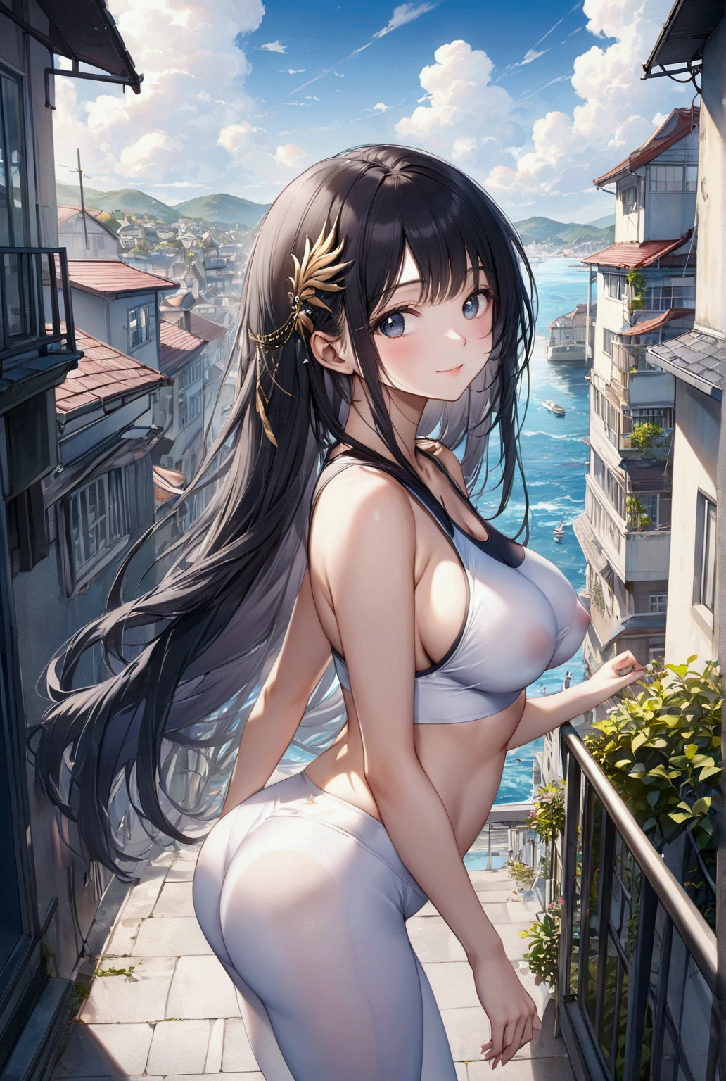 (Highest quality, 8k, 32K, masterpiece, Ultra-high resolution,:1.2),born, One girl,Super cute , Natural light,Clear, shining eyes, 20-year-old ,Fair skin, Girl with black hair, Woman warrior, sexyポーズ, An innocent smile, In town, A fantasy background reminiscent of an electronic world, Long Hair, Long Hair, Large Breasts, adult, School Swimsuit, Ocean, Ocean岸, School swimsuit rooftop,Woman warrior, White pants, sexy, In underwear, Noble hair ornament, Queen of the country,bustling street, White underwear