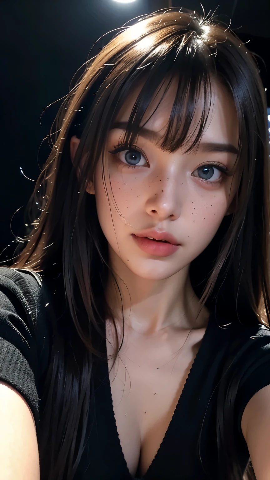 masterpiece, best quality, ultra-detailed, facing the camera head on, intricately detailed hyperdetailed, realistic, sharp features, highly detailed, sharp focus, perfect face, perfect face, perfect symmetrically perfect eyes, perfect full lips, flexible female form, cinematic, film light, hyper detailed, hyper realistic, masterpiece, atmospheric, high resolution, vibrant, dynamic studio lighting, nsfw, ((Dark background)), Sexy face, Facial expressions when receiving pleasure, straight Bangs, blue Eyes, black sweater, freckles,