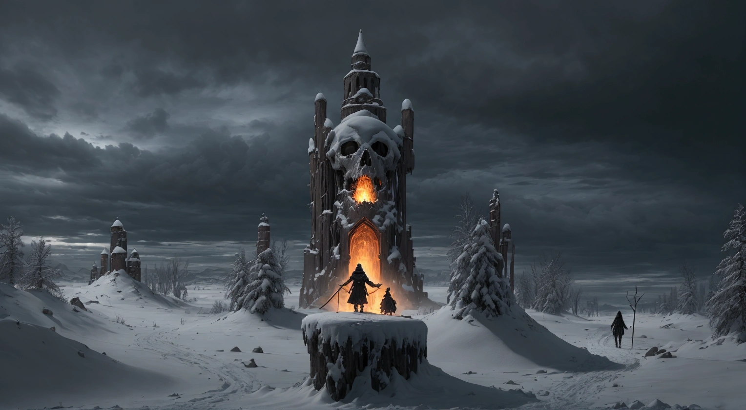 In a desolate, snow-covered landscape under an overcast sky, a solitary figure trudges through the wilderness. The person is bundled up in warm clothing and carries a staff, suggesting they might be on a journey or quest. Their path is illuminated by a ghostly figure of a skeleton that looms behind them, casting an ominous shadow over their travels. The skeleton's presence adds a sense of foreboding to the scene, hinting at potential danger ahead. Despite this, the person continues forward with determination, their destination unknown but their resolve unwavering